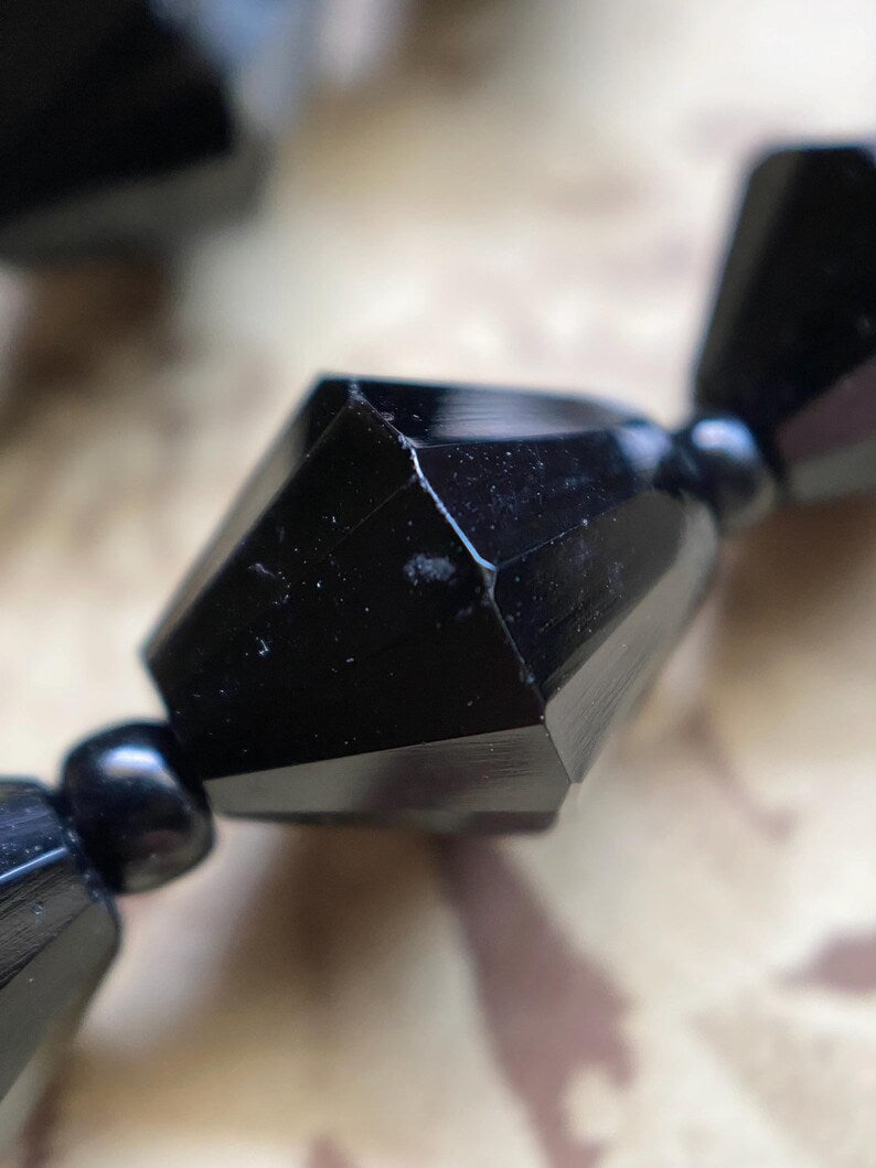 Antique Victorian Extra Long Polished & Faceted Geometric Cut Jet Bead Mourning Necklace w/ Clasp, Beaded, Memorial, Chain, Layers, Multi-Strand