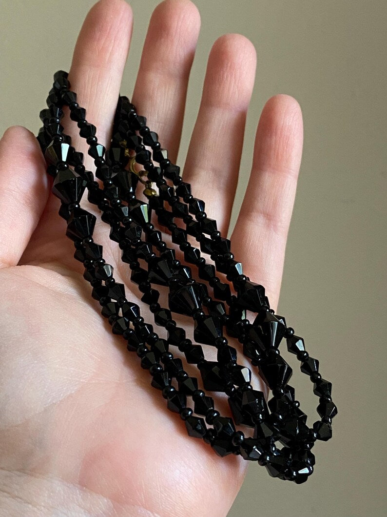 Antique Victorian Extra Long Polished & Faceted Geometric Cut Jet Bead Mourning Necklace w/ Clasp, Beaded, Memorial, Chain, Layers, Multi-Strand