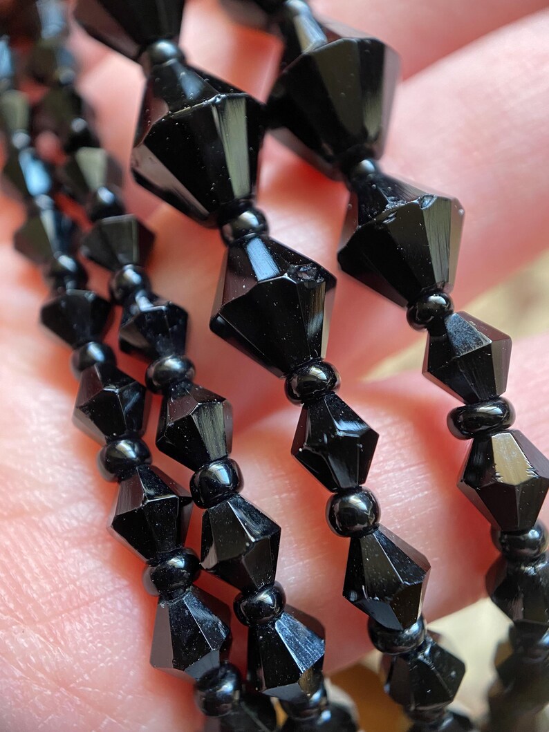 Antique Victorian Extra Long Polished & Faceted Geometric Cut Jet Bead Mourning Necklace w/ Clasp, Beaded, Memorial, Chain, Layers, Multi-Strand