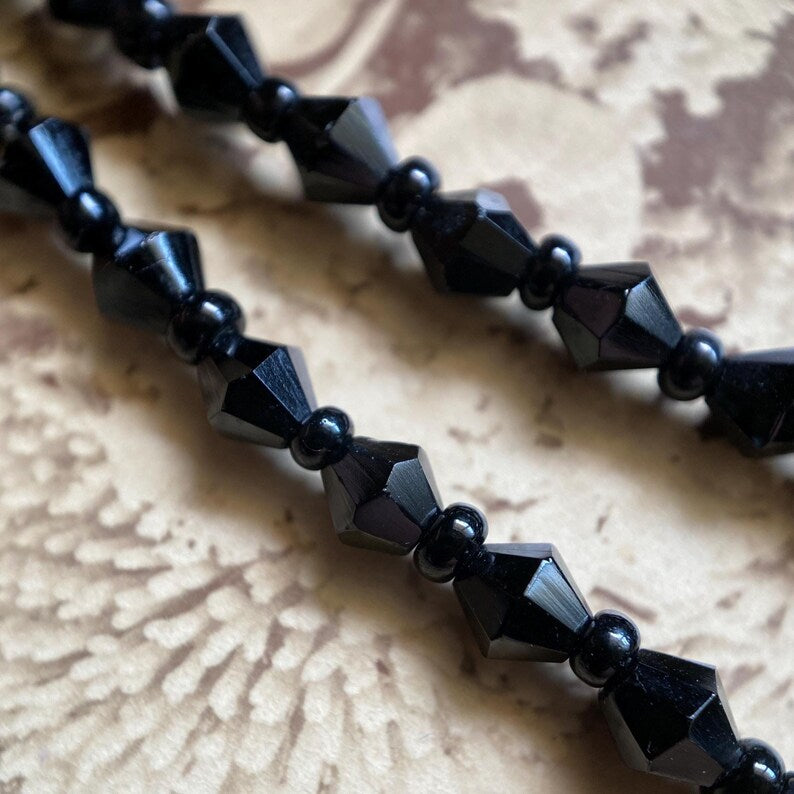 Antique Victorian Extra Long Polished & Faceted Geometric Cut Jet Bead Mourning Necklace w/ Clasp, Beaded, Memorial, Chain, Layers, Multi-Strand