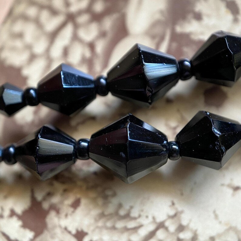 Antique Victorian Extra Long Polished & Faceted Geometric Cut Jet Bead Mourning Necklace w/ Clasp, Beaded, Memorial, Chain, Layers, Multi-Strand