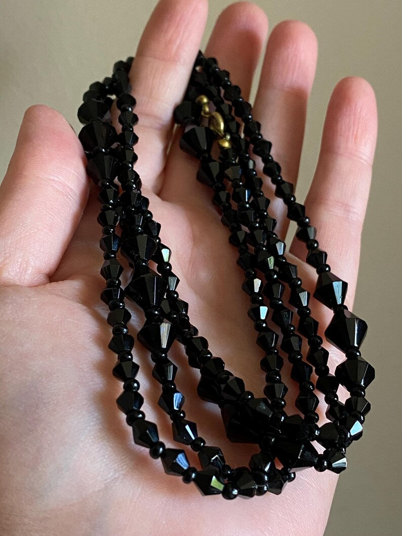 Antique Victorian Extra Long Polished & Faceted Geometric Cut Jet Bead Mourning Necklace w/ Clasp, Beaded, Memorial, Chain, Layers, Multi-Strand