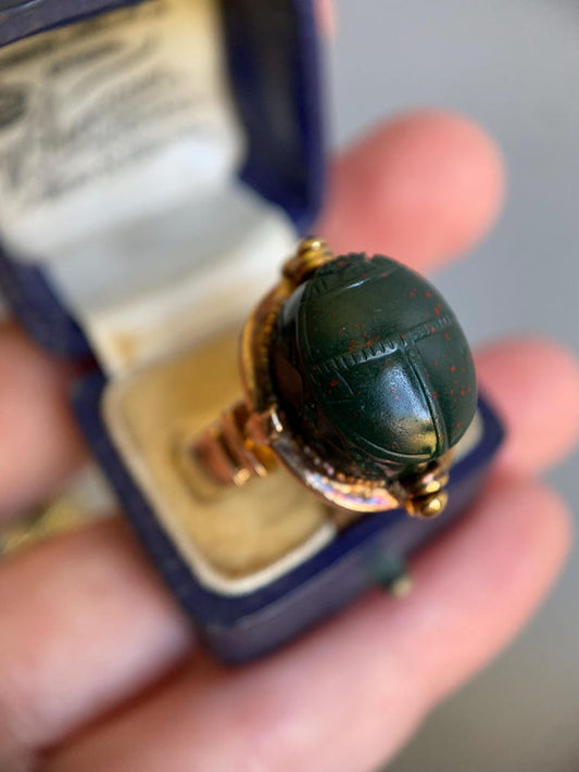 Antique Victorian Egyptian Revival Carved Bloodstone Scarab Ring with Classical Reverse Intaglio in 18k Gold, Double Sided, Men's, Signet, Hardstone, Archeological