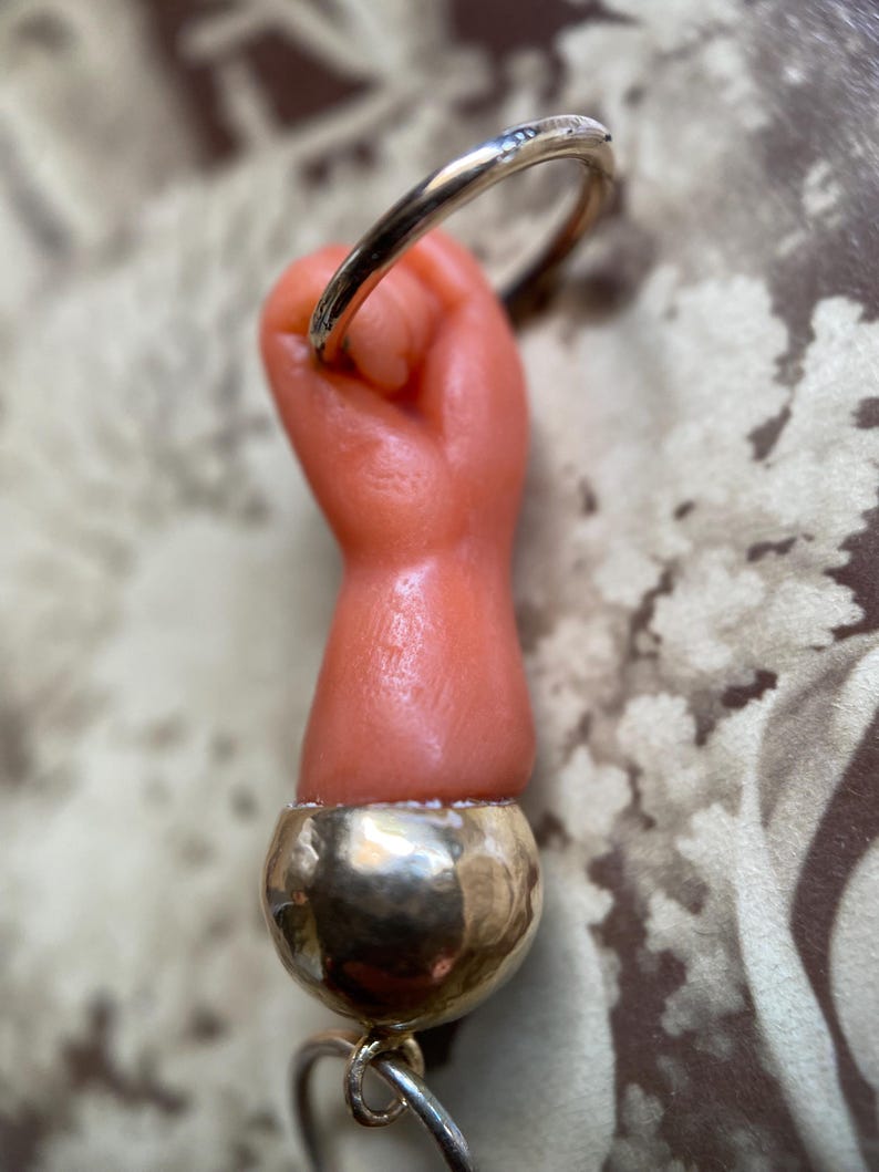 Antique Victorian Salmon Pink Mano Figa Fist Pendant w/ Articulated Charm Connector Capped in 18k Gold, Hand, Good Luck, Grand Tour, Evil Eye