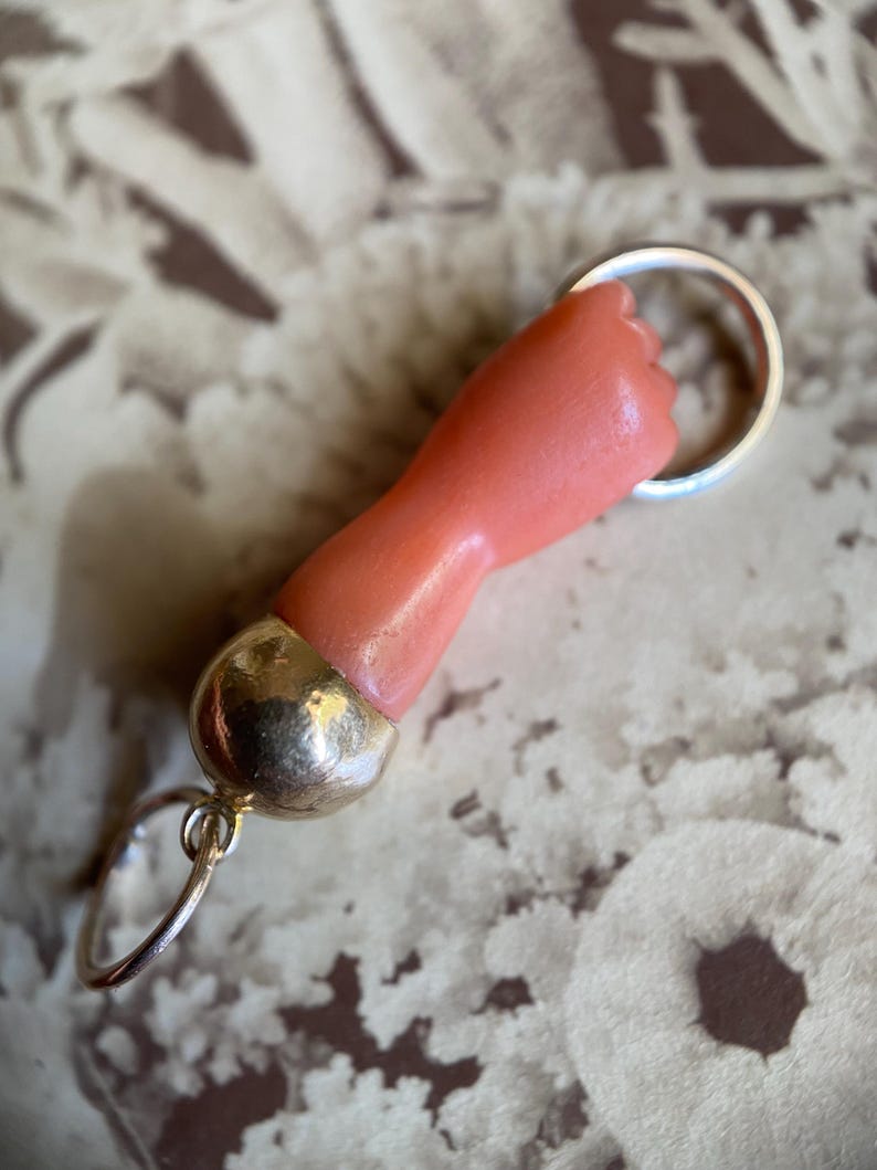 Antique Victorian Salmon Pink Mano Figa Fist Pendant w/ Articulated Charm Connector Capped in 18k Gold, Hand, Good Luck, Grand Tour, Evil Eye