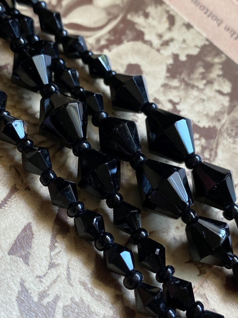 Antique Victorian Extra Long Polished & Faceted Geometric Cut Jet Bead Mourning Necklace w/ Clasp, Beaded, Memorial, Chain, Layers, Multi-Strand