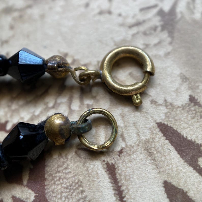 Antique Victorian Extra Long Polished & Faceted Geometric Cut Jet Bead Mourning Necklace w/ Clasp, Beaded, Memorial, Chain, Layers, Multi-Strand