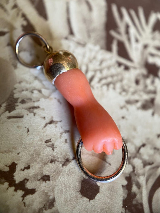 Antique Victorian Salmon Pink Mano Figa Fist Pendant w/ Articulated Charm Connector Capped in 18k Gold, Hand, Good Luck, Grand Tour, Evil Eye