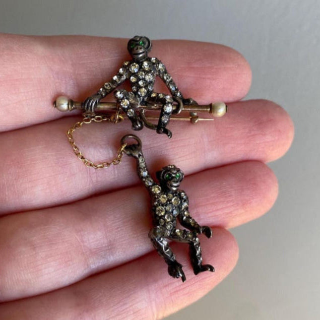 Antique Edwardian Pair of Playful Monkeys Bar Brooch Set with "Diamond" Paste Rounds & Faux Pearls in Silver, Figural, Art Deco, Pin, 1900's