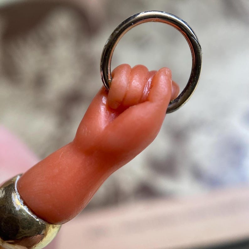 Antique Victorian Salmon Pink Mano Figa Fist Pendant w/ Articulated Charm Connector Capped in 18k Gold, Hand, Good Luck, Grand Tour, Evil Eye