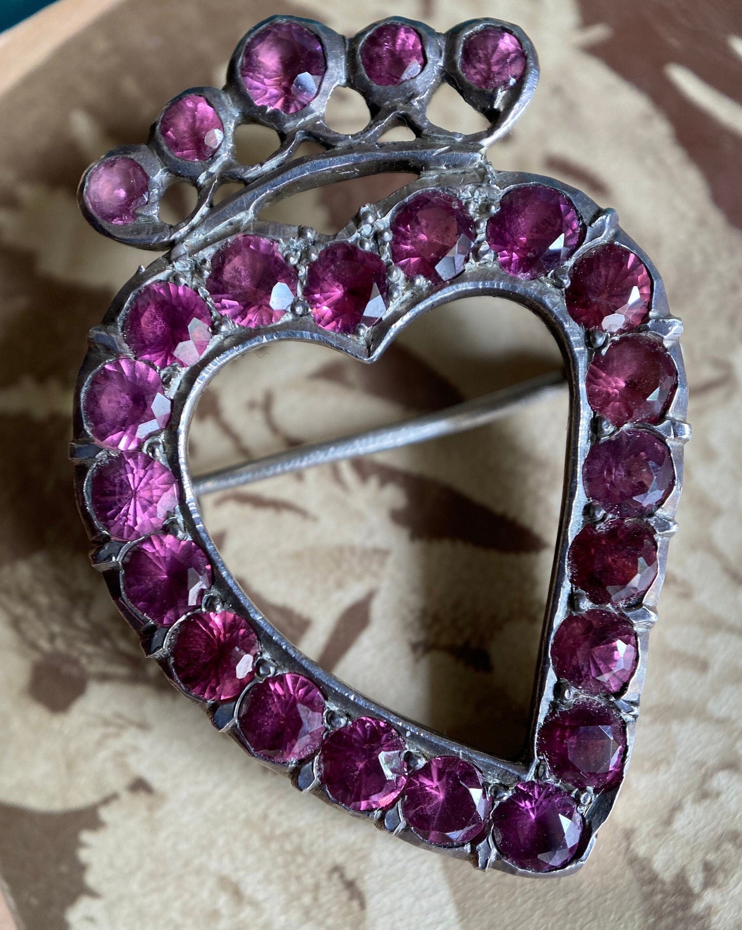 Antique Georgian Pink Paste Crowned Witches Heart Brooch in Silver c. 1750, Witch's, Pin, 1700's, Luckenbooth, Sentimental, Love Token