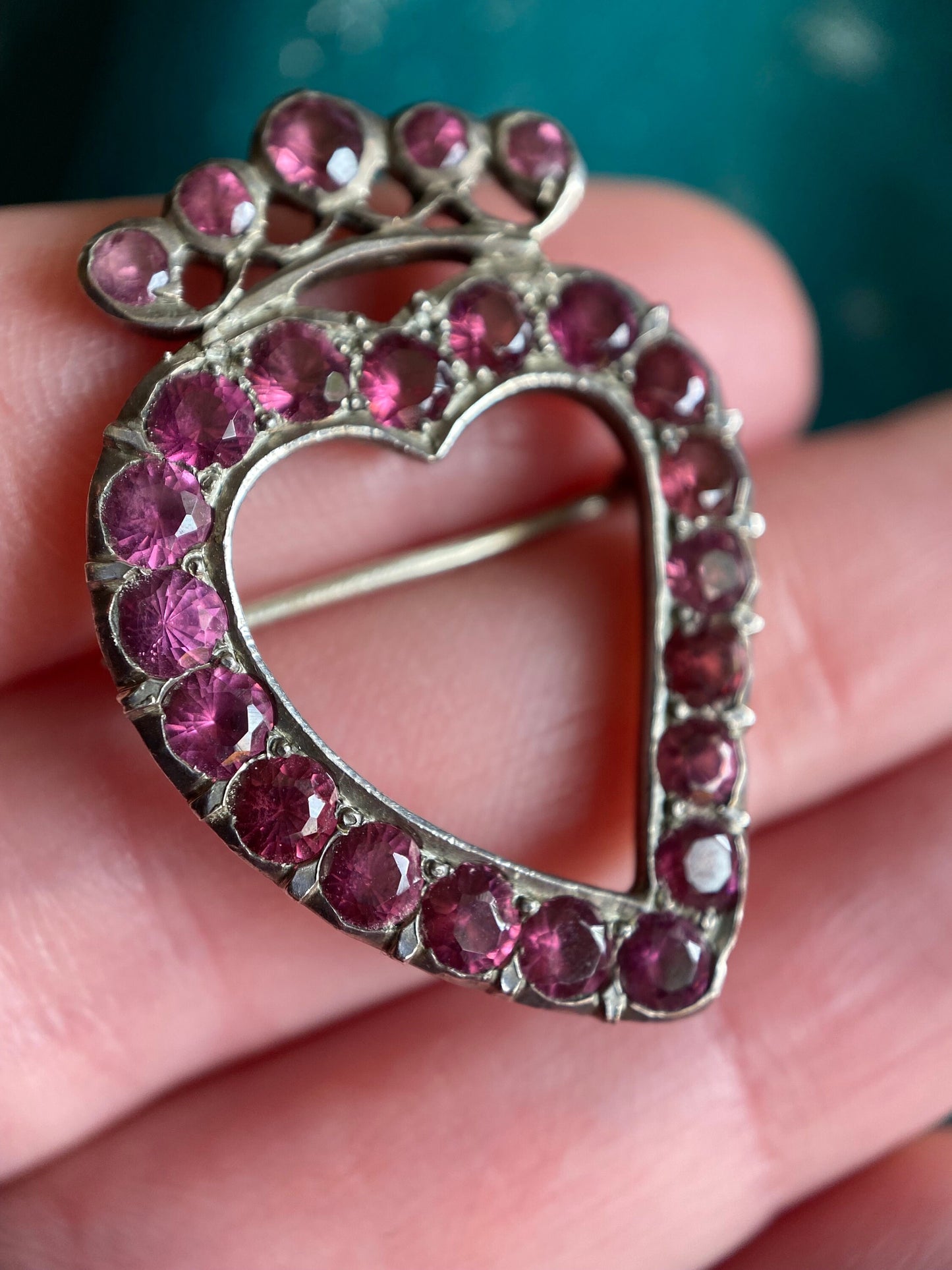 Antique Georgian Pink Paste Crowned Witches Heart Brooch in Silver c. 1750, Witch's, Pin, 1700's, Luckenbooth, Sentimental, Love Token