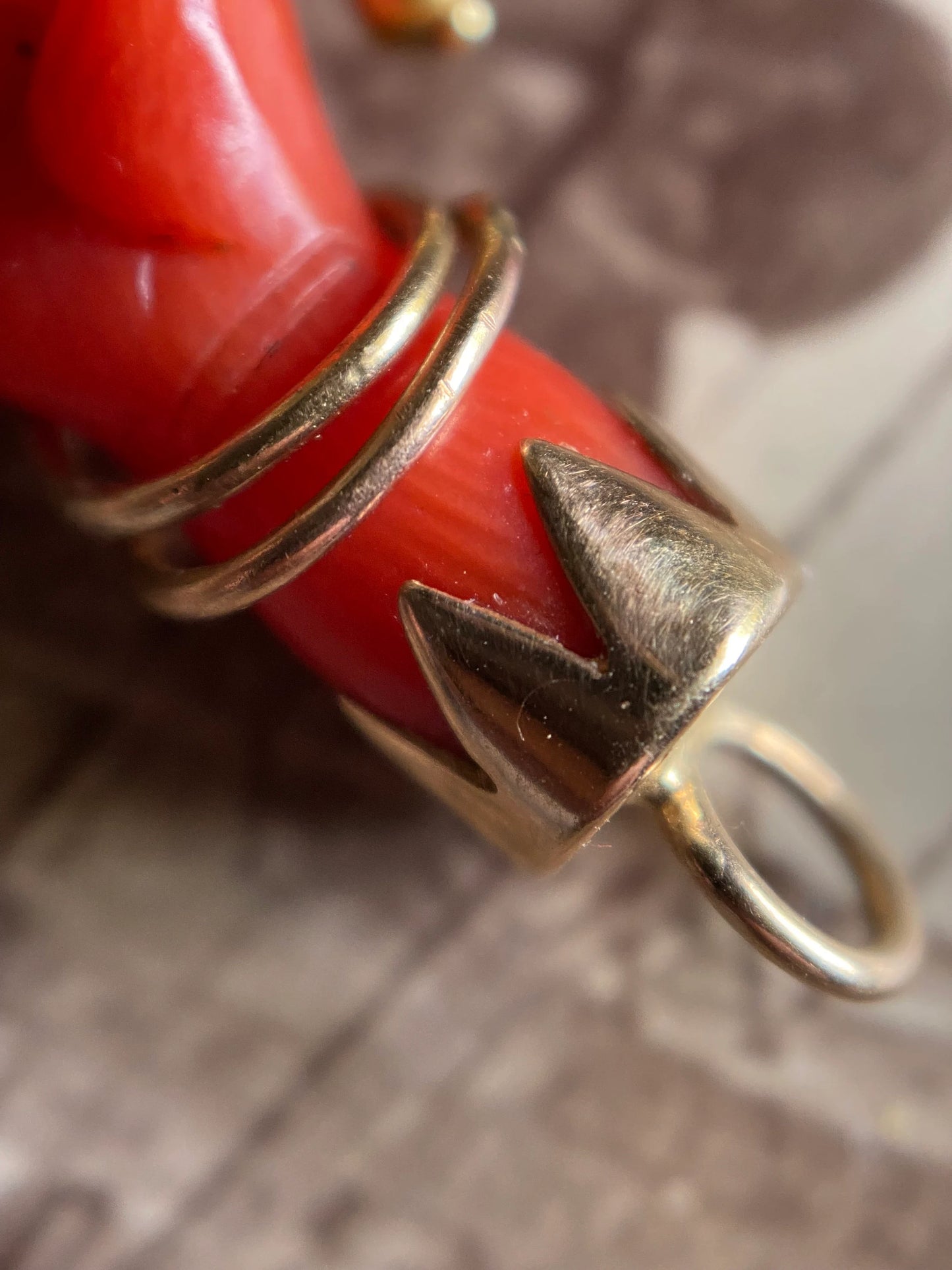 Antique Victorian Coral Mano Figa Pendant with Two Bangles over a Sawtooth Cuff & Pearl Dagger in 14k Gold circa 1870, Charm, Mano Fico, Fist, Hand, Good Luck, 1800's, Talisman