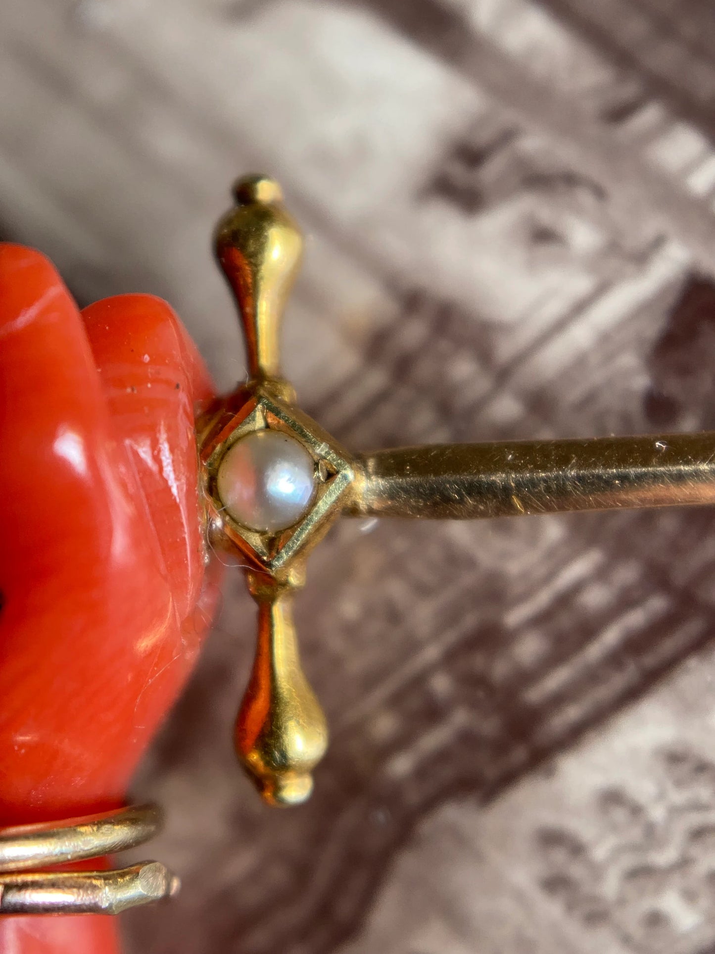 Antique Victorian Coral Mano Figa Pendant with Two Bangles over a Sawtooth Cuff & Pearl Dagger in 14k Gold circa 1870, Charm, Mano Fico, Fist, Hand, Good Luck, 1800's, Talisman