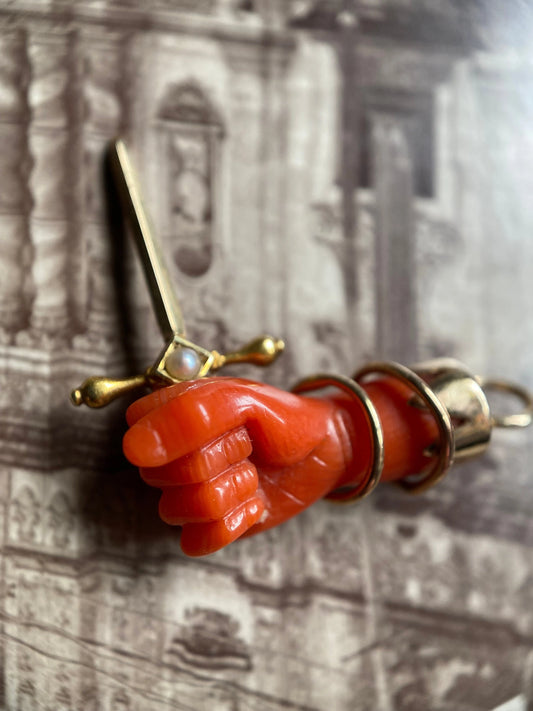 Antique Victorian Coral Mano Figa Pendant with Two Bangles over a Sawtooth Cuff & Pearl Dagger in 14k Gold circa 1870, Charm, Mano Fico, Fist, Hand, Good Luck, 1800's, Talisman