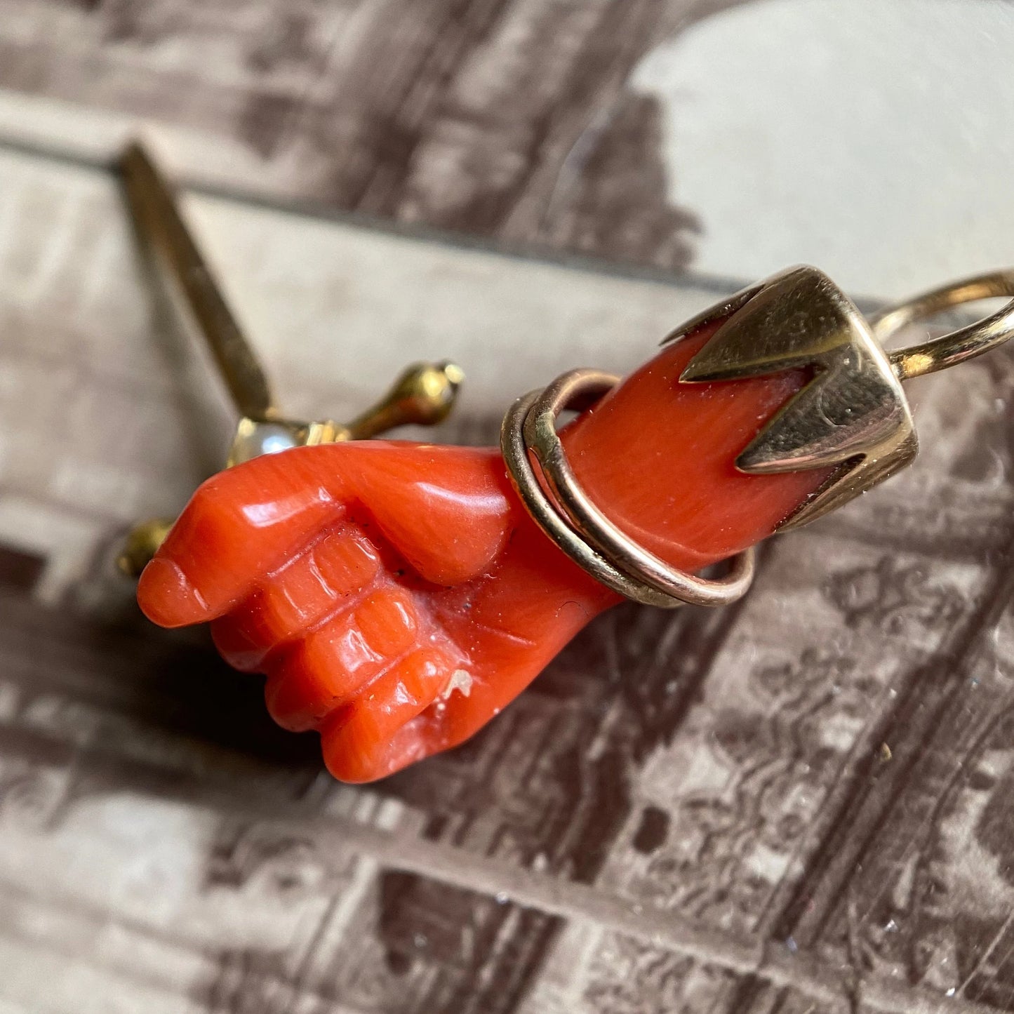 Antique Victorian Coral Mano Figa Pendant with Two Bangles over a Sawtooth Cuff & Pearl Dagger in 14k Gold circa 1870, Charm, Mano Fico, Fist, Hand, Good Luck, 1800's, Talisman