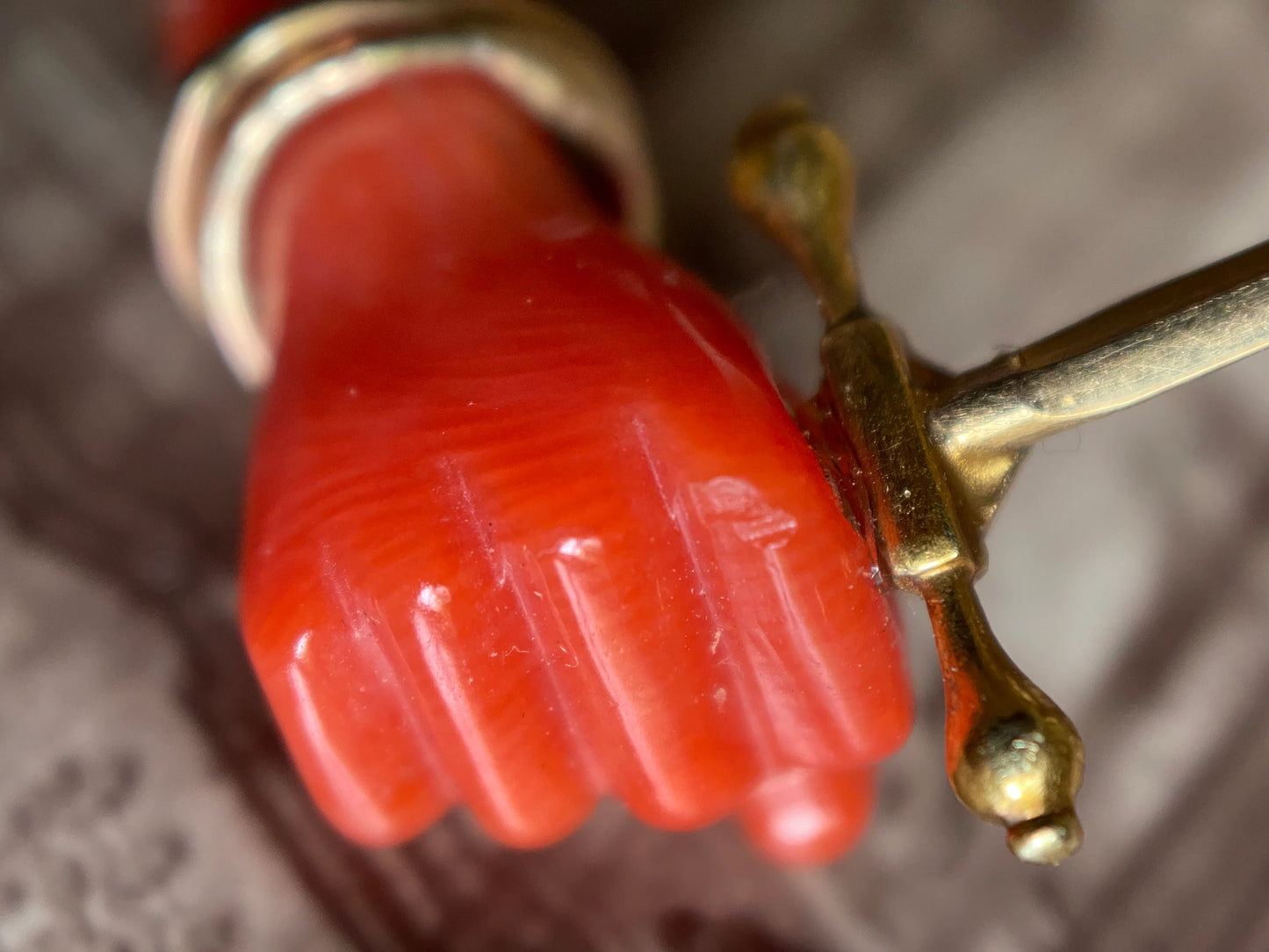 Antique Victorian Coral Mano Figa Pendant with Two Bangles over a Sawtooth Cuff & Pearl Dagger in 14k Gold circa 1870, Charm, Mano Fico, Fist, Hand, Good Luck, 1800's, Talisman