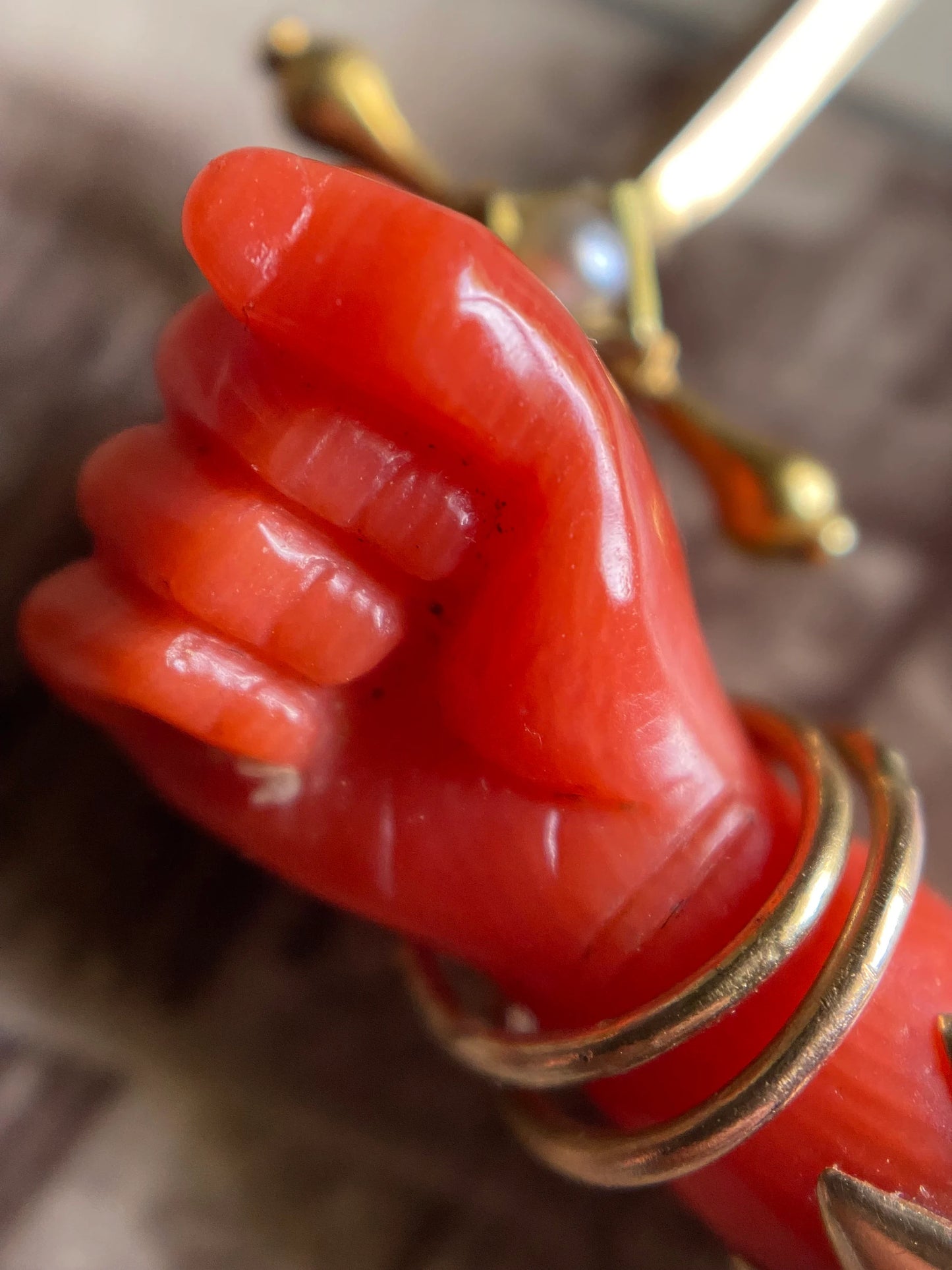 Antique Victorian Coral Mano Figa Pendant with Two Bangles over a Sawtooth Cuff & Pearl Dagger in 14k Gold circa 1870, Charm, Mano Fico, Fist, Hand, Good Luck, 1800's, Talisman