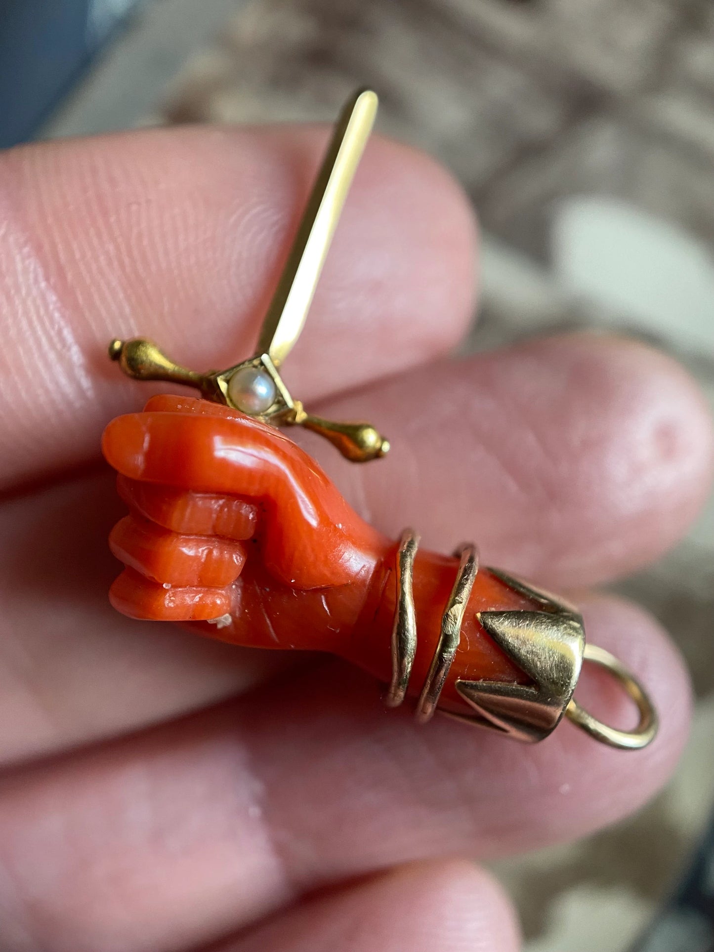 Antique Victorian Coral Mano Figa Pendant with Two Bangles over a Sawtooth Cuff & Pearl Dagger in 14k Gold circa 1870, Charm, Mano Fico, Fist, Hand, Good Luck, 1800's, Talisman
