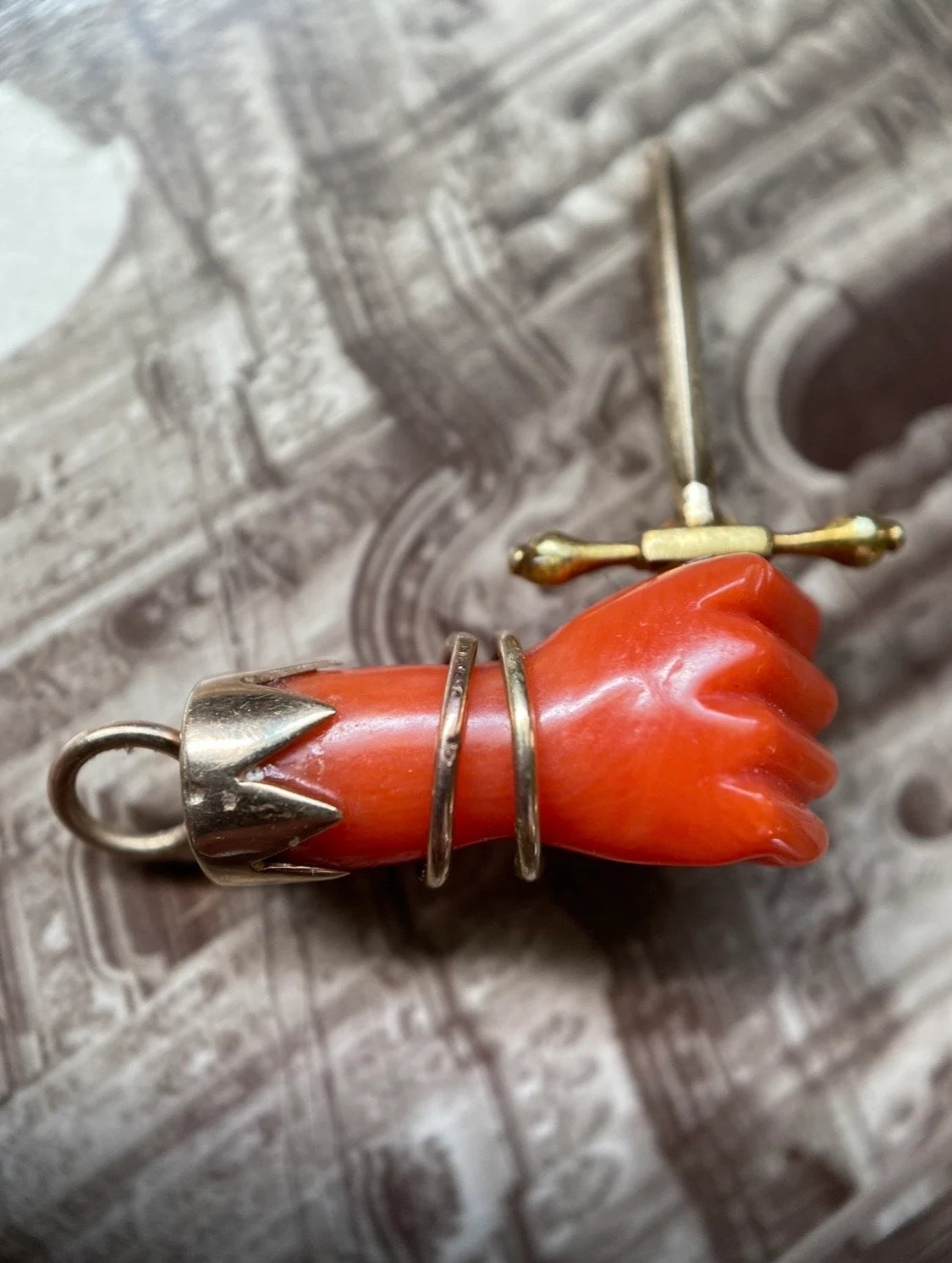 Antique Victorian Coral Mano Figa Pendant with Two Bangles over a Sawtooth Cuff & Pearl Dagger in 14k Gold circa 1870, Charm, Mano Fico, Fist, Hand, Good Luck, 1800's, Talisman