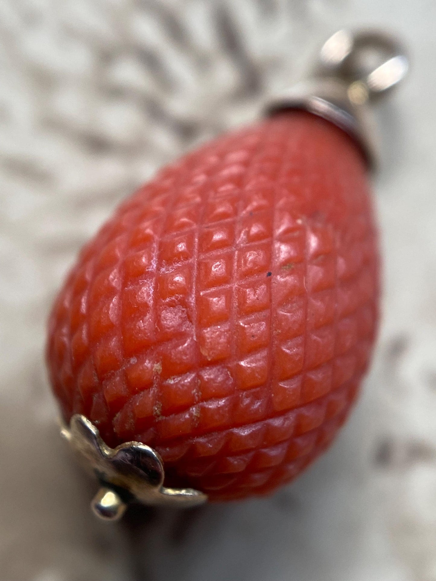 Antique Georgian Carved Orange Coral Hand Cut Crosshatched Pineapple Charm in 14k Gold c. 1800, Pendant, Necklace, Teardrop, Fruit, Novelty
