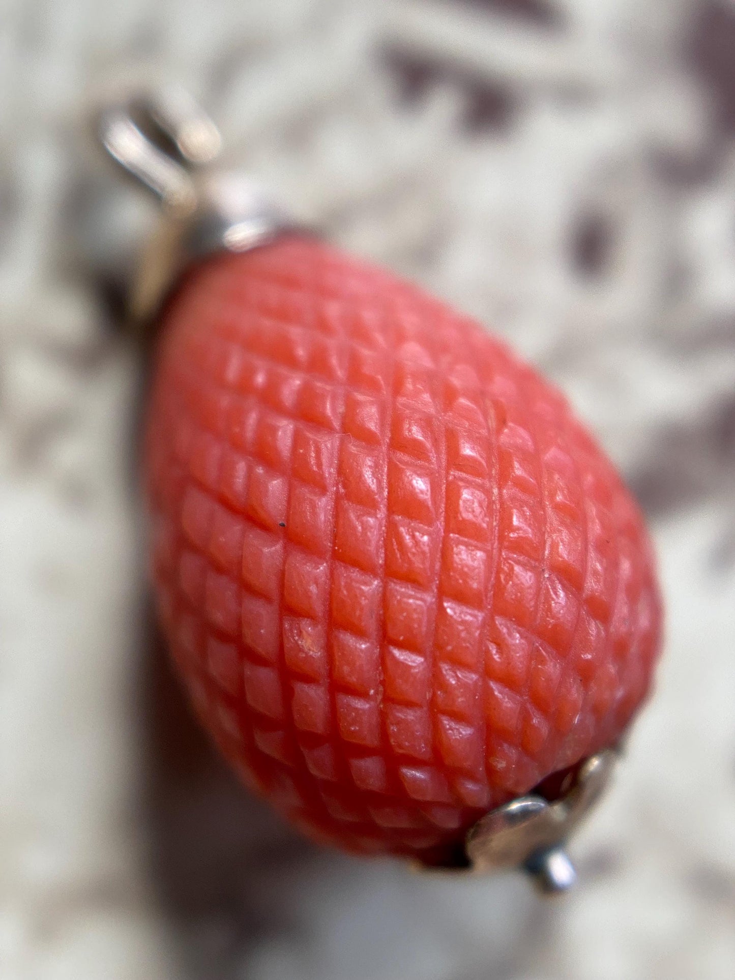 Antique Georgian Carved Orange Coral Hand Cut Crosshatched Pineapple Charm in 14k Gold c. 1800, Pendant, Necklace, Teardrop, Fruit, Novelty