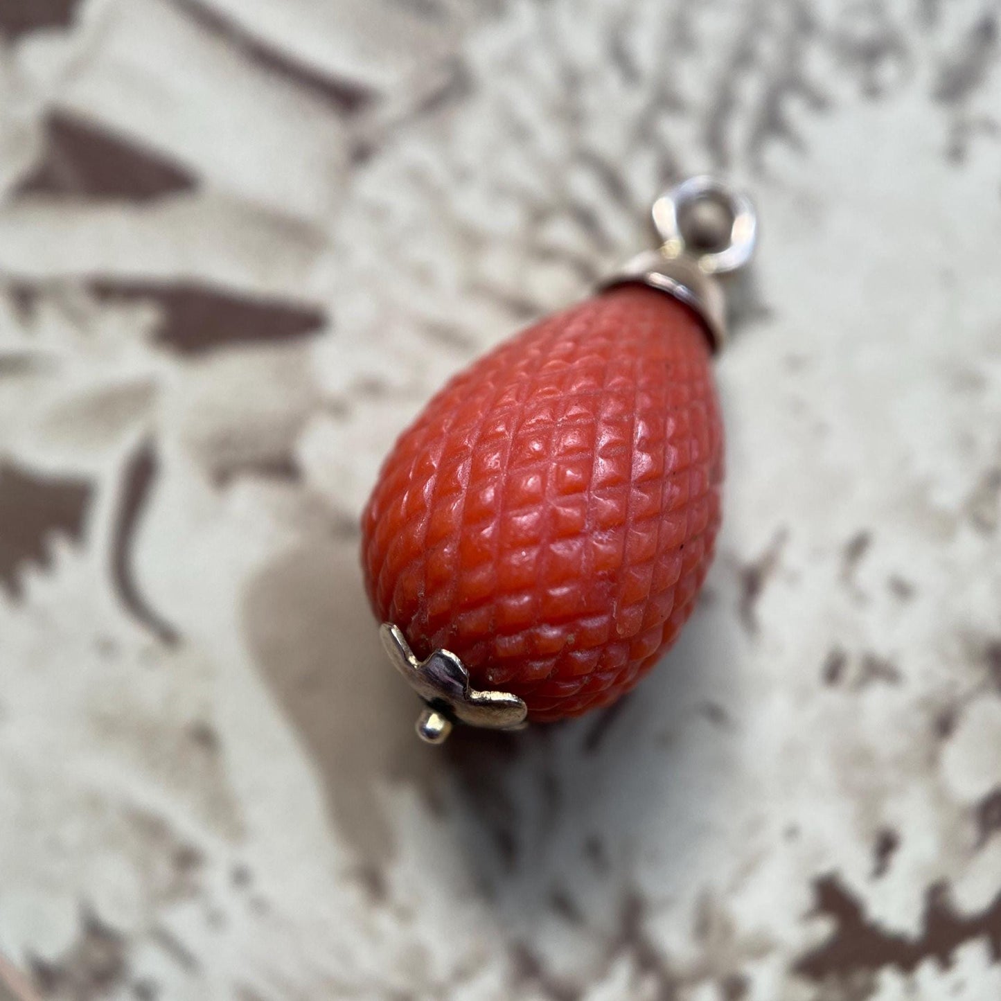 Antique Georgian Carved Orange Coral Hand Cut Crosshatched Pineapple Charm in 14k Gold c. 1800, Pendant, Necklace, Teardrop, Fruit, Novelty
