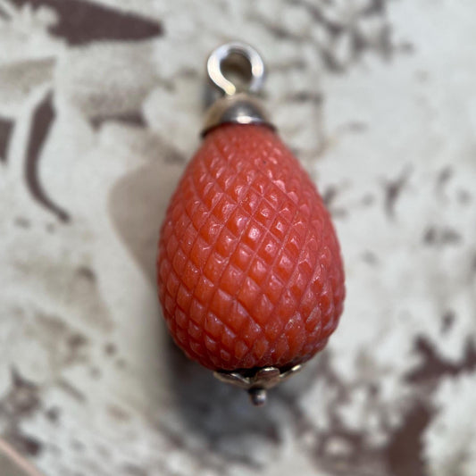 Antique Georgian Carved Orange Coral Hand Cut Crosshatched Pineapple Charm in 14k Gold c. 1800, Pendant, Necklace, Teardrop, Fruit, Novelty