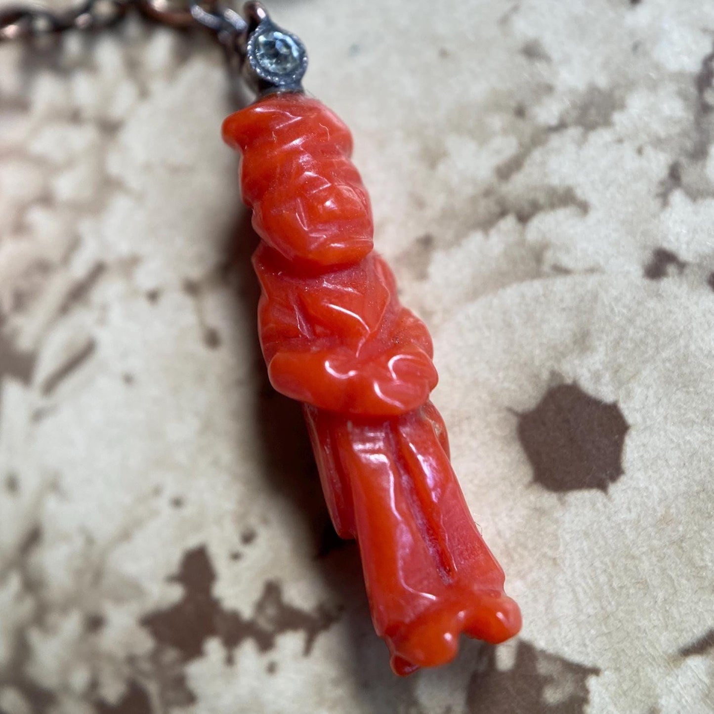 Antique Victorian Carved Coral Good Luck Charm Duo with Pig, Il Gobbo & Tiny Round Gem in Silver and 14k Gold, Hunchback, Grand Tour, Pendant, Italian