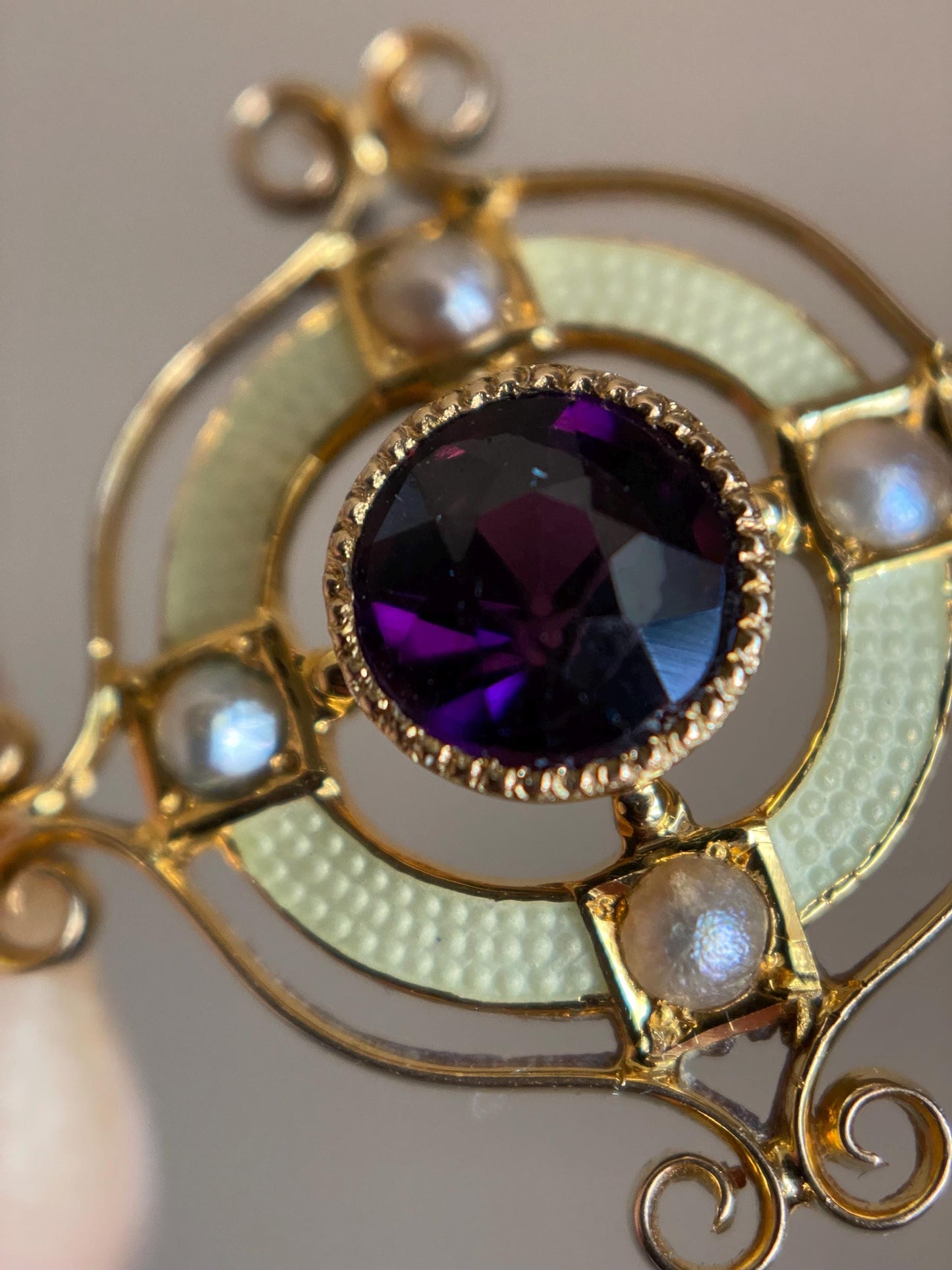 Antique Edwardian Round Amethyst Paste Target Lavalier Pendant with Pearls & Buttercream Yellow Enamel in 10k Gold, Dangle, Necklace, Victorian, Drop