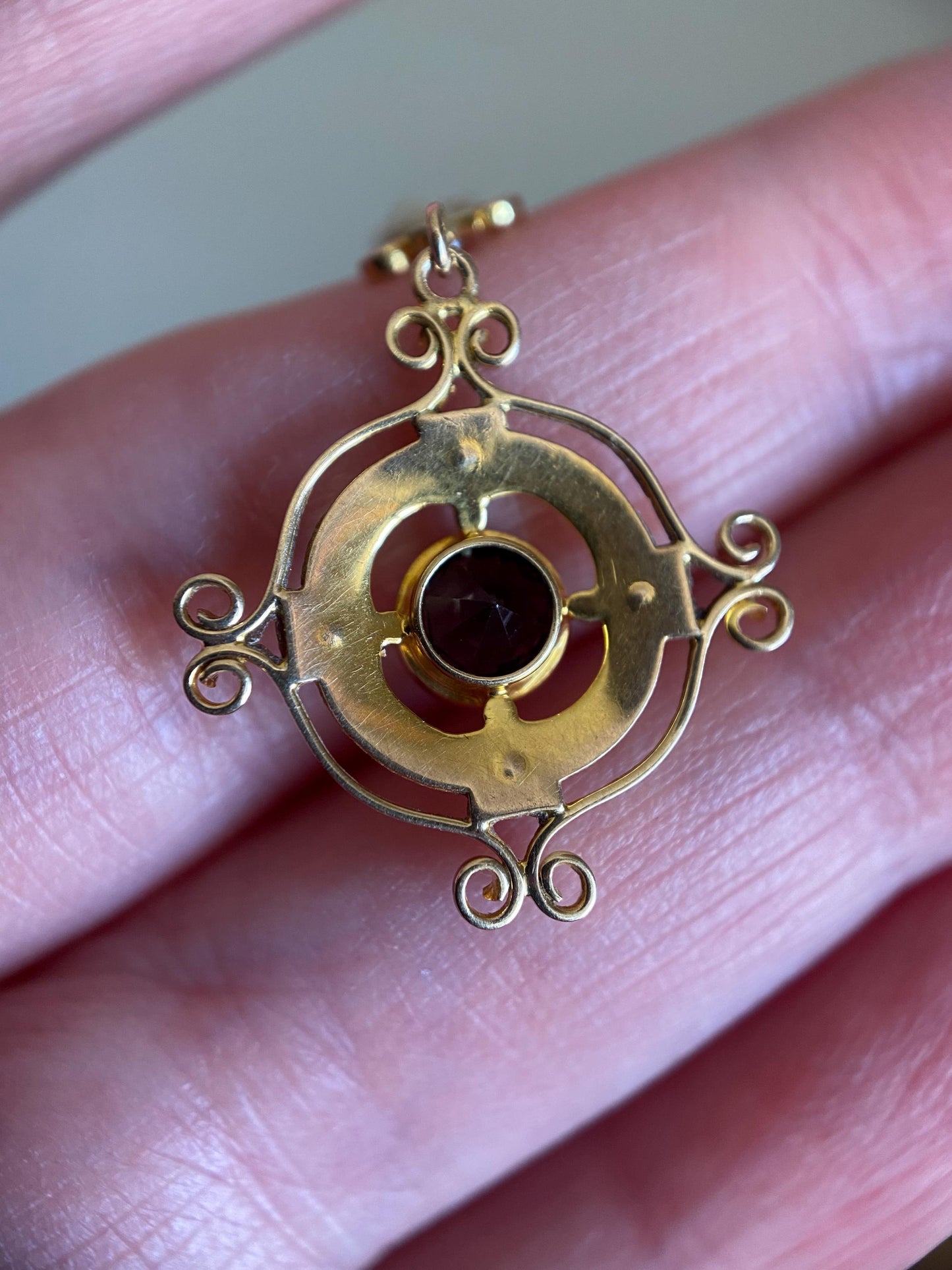 Antique Edwardian Round Amethyst Paste Target Lavalier Pendant with Pearls & Buttercream Yellow Enamel in 10k Gold, Dangle, Necklace, Victorian, Drop