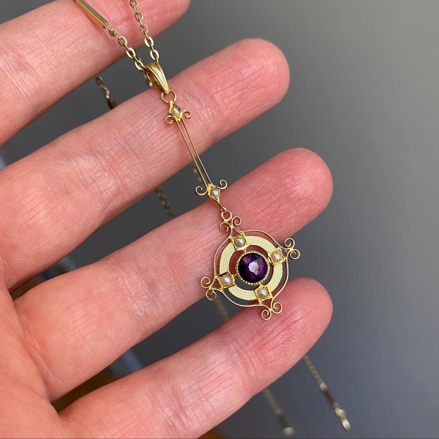 Antique Edwardian Round Amethyst Paste Target Lavalier Pendant with Pearls & Buttercream Yellow Enamel in 10k Gold, Dangle, Necklace, Victorian, Drop