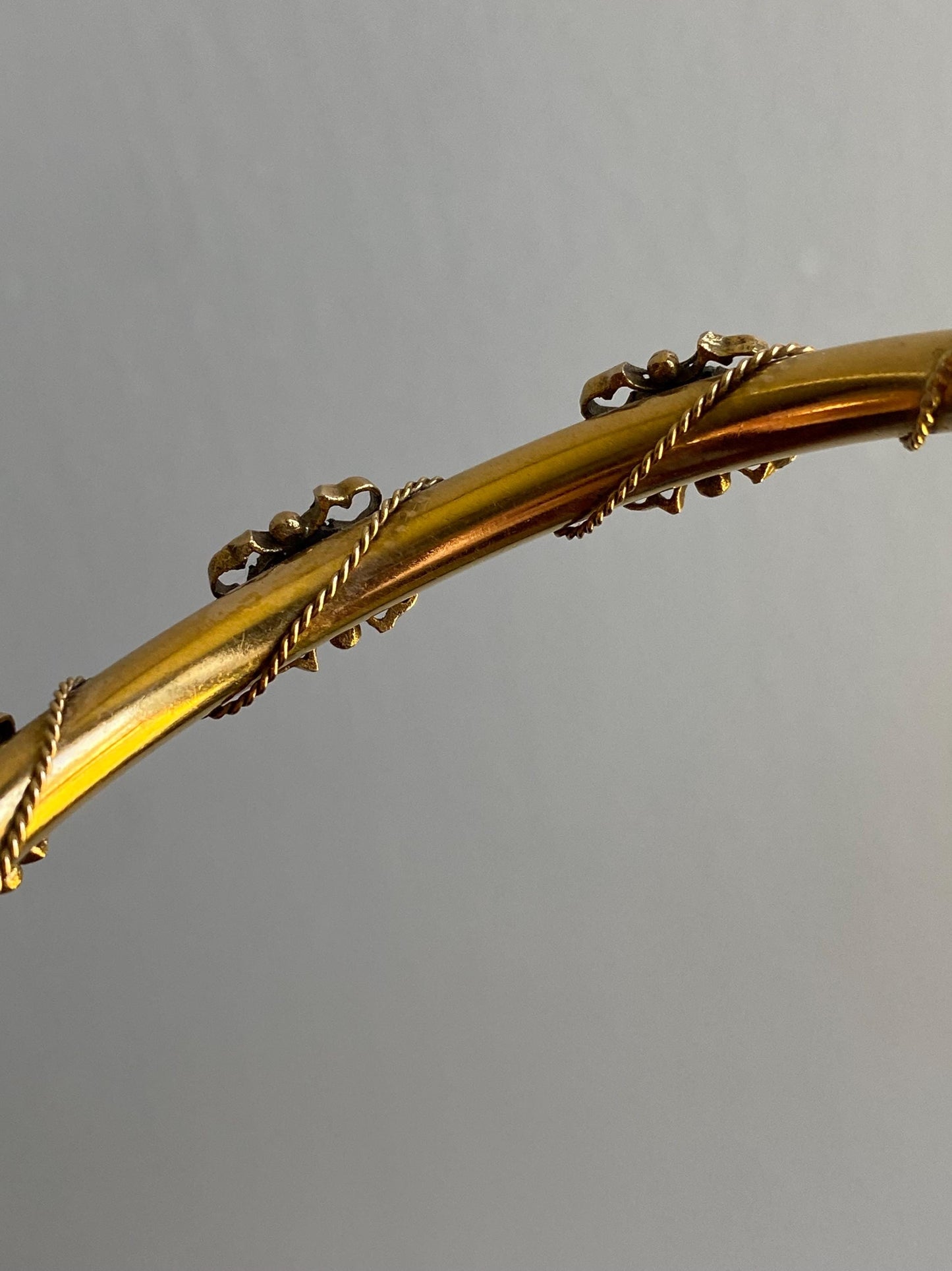 Vintage Amethyst Hinged Hollow Tube Bangle w/ Twisted Rope Accents in 14k Gold, Bracelet, Gem, Victorian, Bypass, 1900s, Etruscan, Edwardian