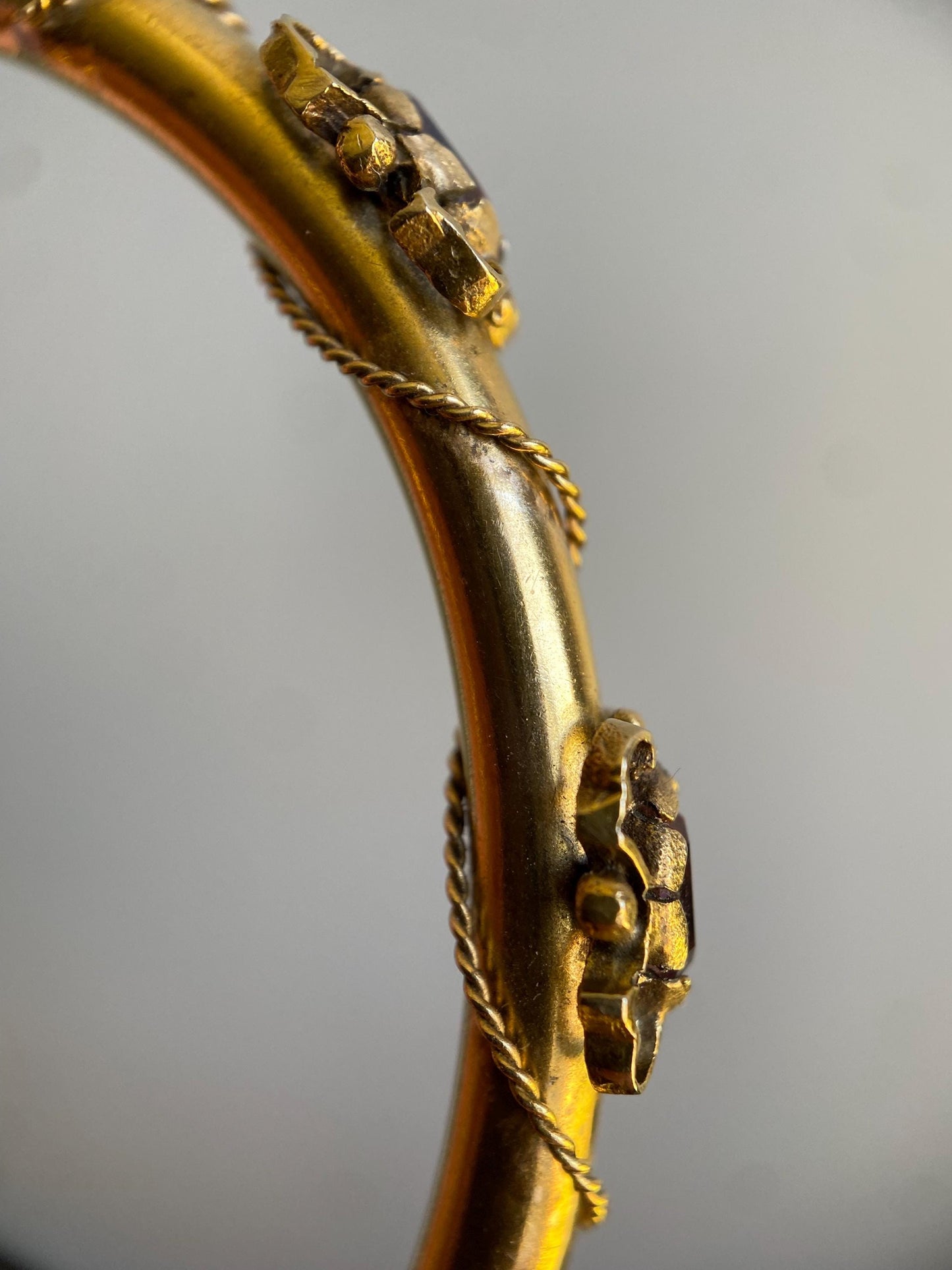 Vintage Amethyst Hinged Hollow Tube Bangle w/ Twisted Rope Accents in 14k Gold, Bracelet, Gem, Victorian, Bypass, 1900s, Etruscan, Edwardian