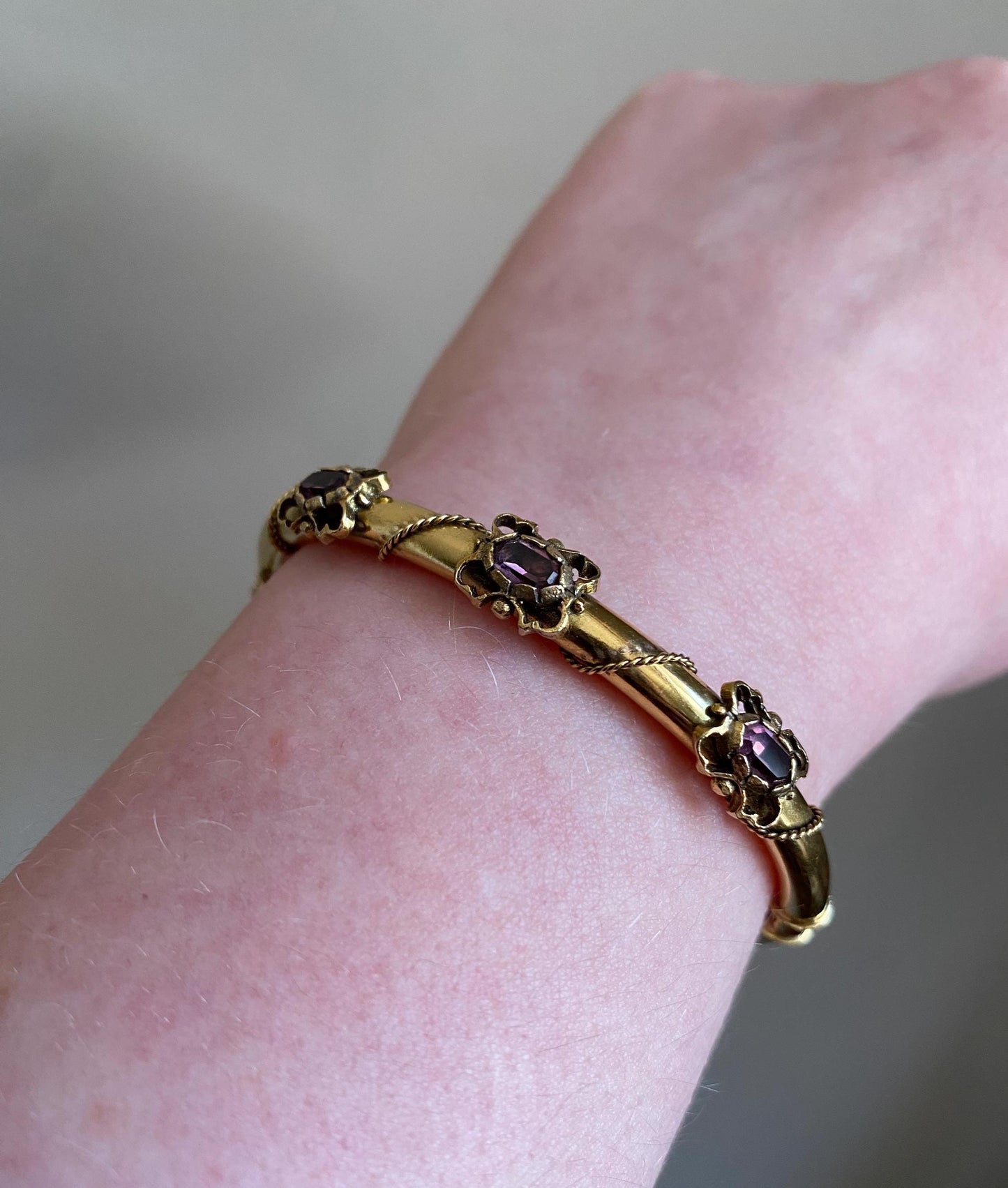 Vintage Amethyst Hinged Hollow Tube Bangle w/ Twisted Rope Accents in 14k Gold, Bracelet, Gem, Victorian, Bypass, 1900s, Etruscan, Edwardian