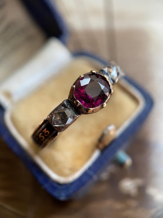 Antique Georgian Garnet, Rose-Cut Diamonds and Black Enamel Bejeweled Thin Mourning Band c. 1767 in 18k Gold & Silver, Collet Set, 18th Century
