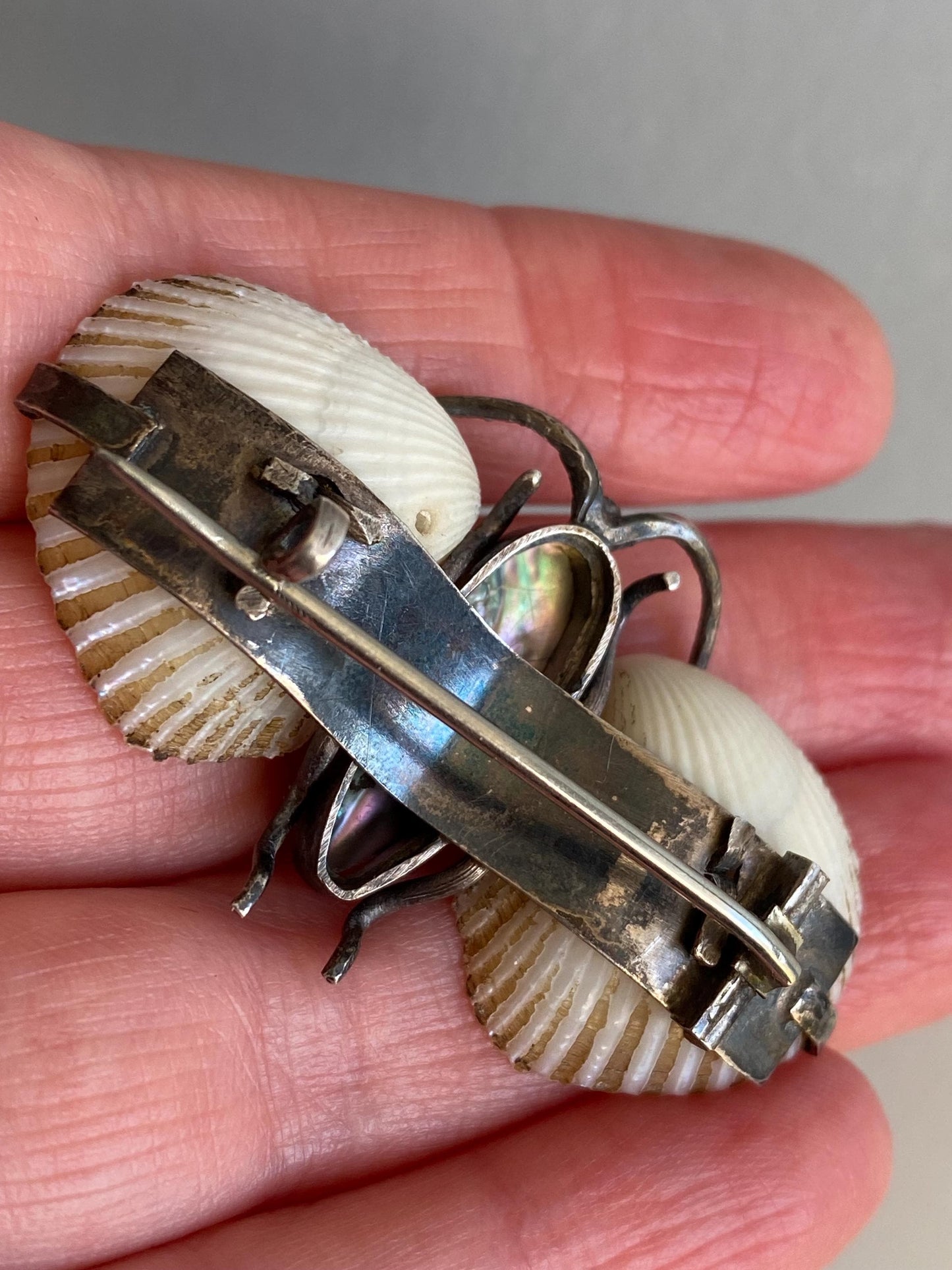 Antique Arts & Crafts Naturalistic Shell and Abalone Butterfly Pin in Silver, Rustic, Folk, Edwardian, Victorian, Art Deco, Pin, Insect, Bug