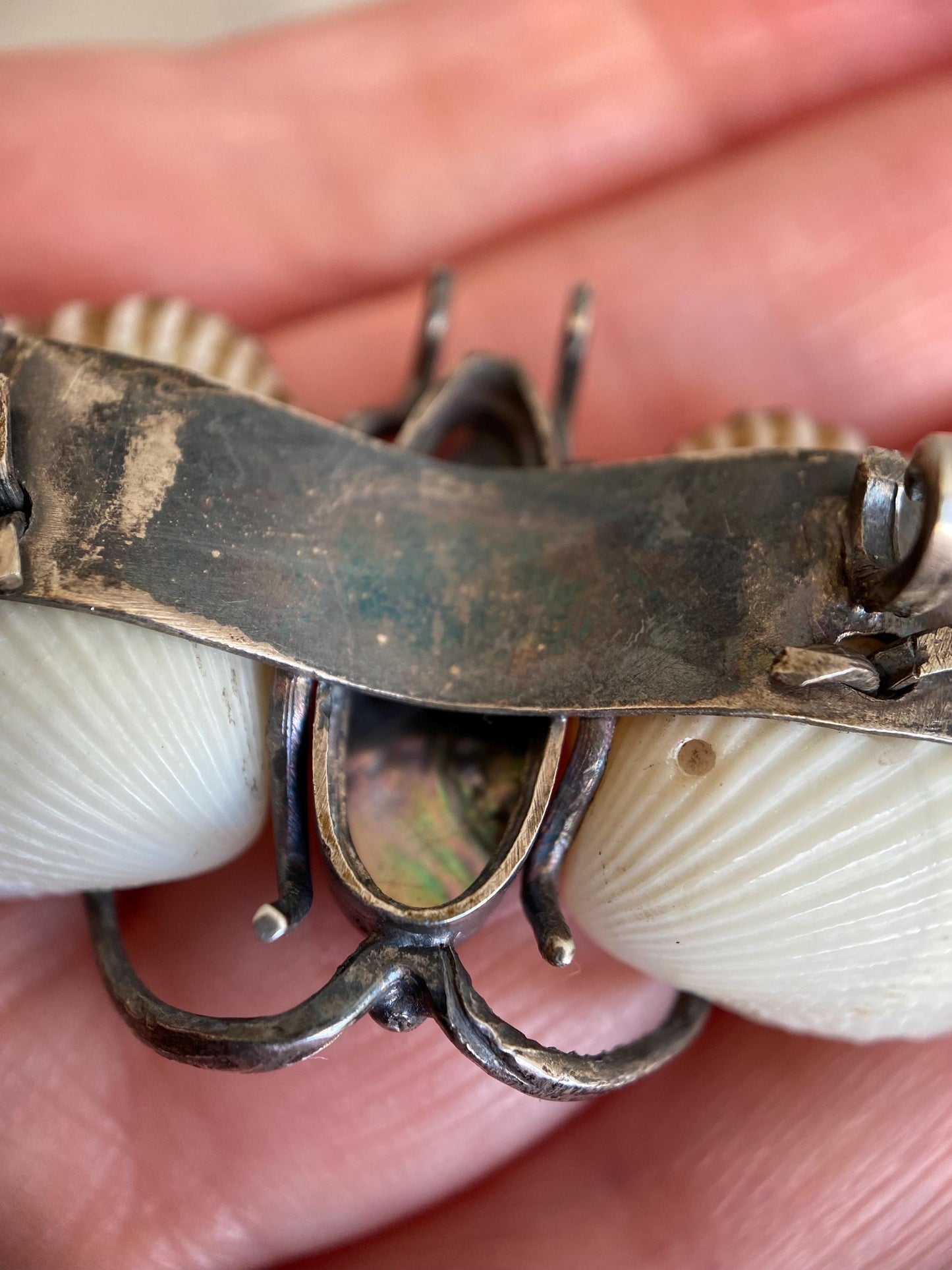 Antique Arts & Crafts Naturalistic Shell and Abalone Butterfly Pin in Silver, Rustic, Folk, Edwardian, Victorian, Art Deco, Pin, Insect, Bug