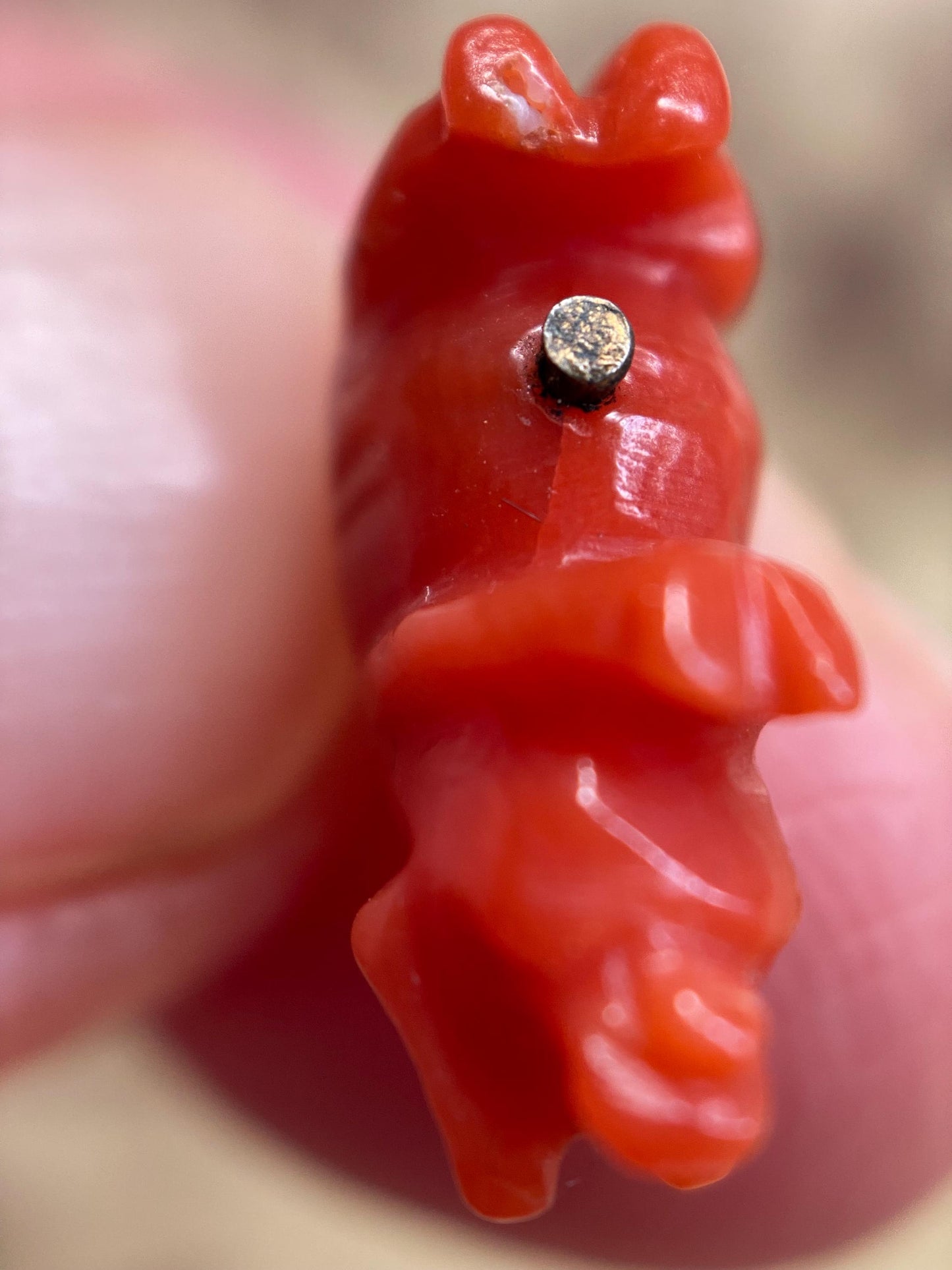 Antique Victorian Carved Coral Good Luck Charm Duo with Pig, Il Gobbo & Tiny Round Gem in Silver and 14k Gold, Hunchback, Grand Tour, Pendant, Italian