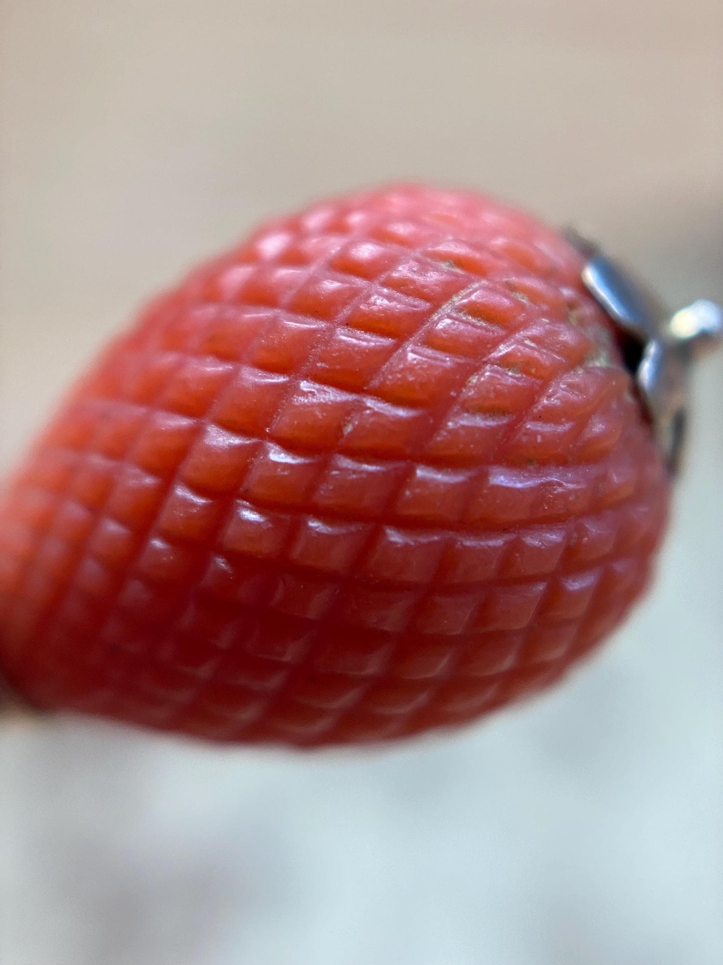 Antique Georgian Carved Orange Coral Hand Cut Crosshatched Pineapple Charm in 14k Gold c. 1800, Pendant, Necklace, Teardrop, Fruit, Novelty