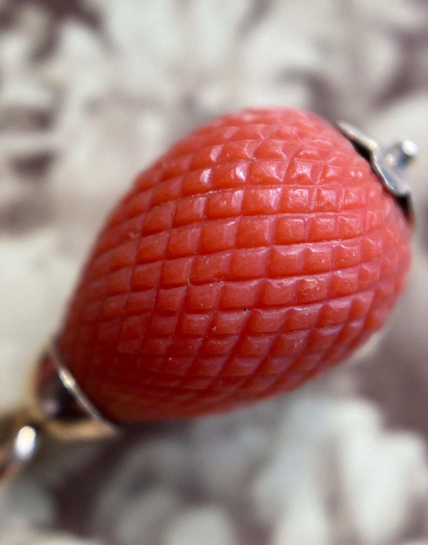 Antique Georgian Carved Orange Coral Hand Cut Crosshatched Pineapple Charm in 14k Gold c. 1800, Pendant, Necklace, Teardrop, Fruit, Novelty