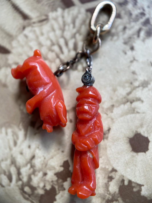Antique Victorian Carved Coral Good Luck Charm Duo with Pig, Il Gobbo & Tiny Round Gem in Silver and 14k Gold, Hunchback, Grand Tour, Pendant, Italian