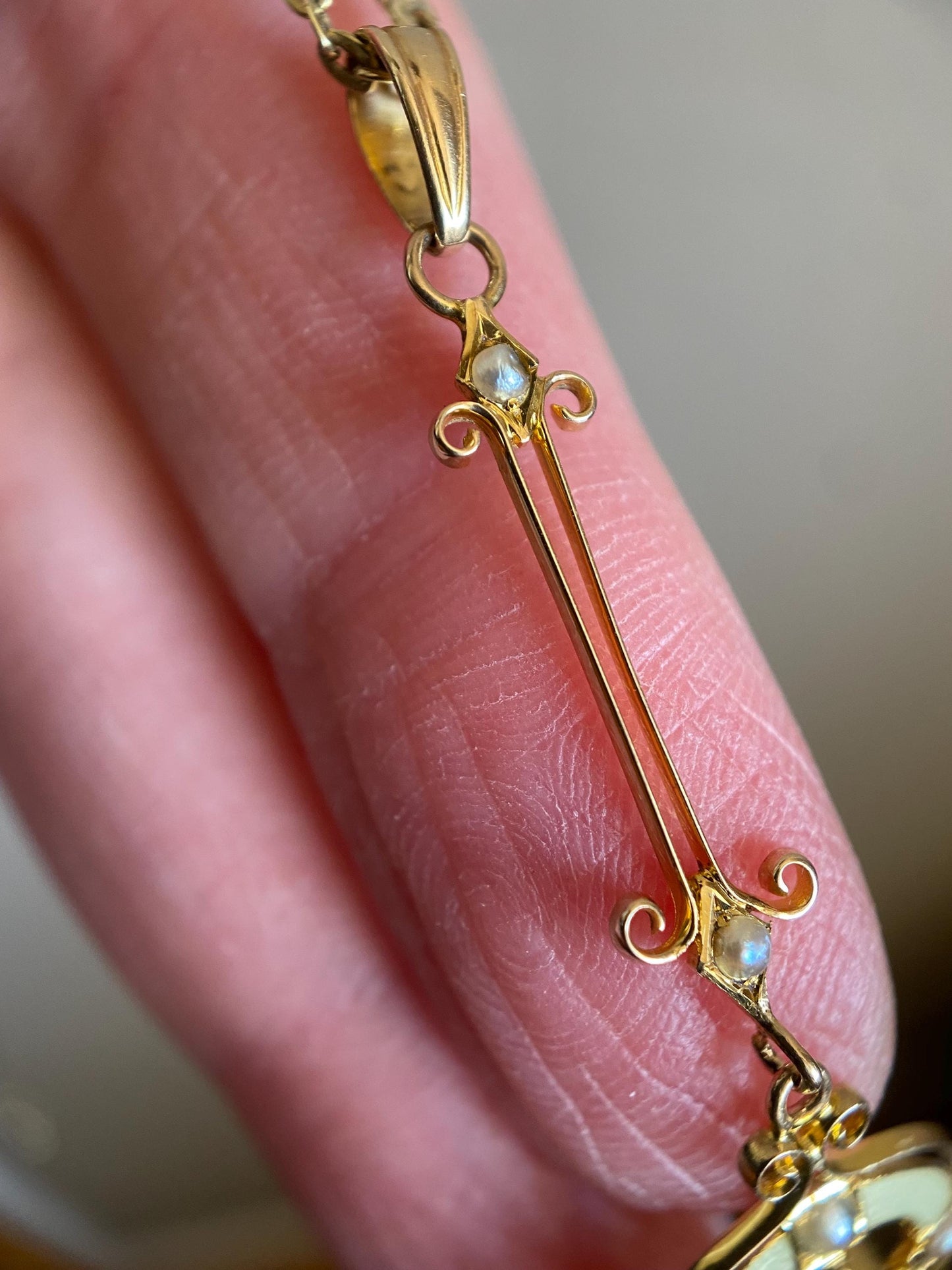 Antique Edwardian Round Amethyst Paste Target Lavalier Pendant with Pearls & Buttercream Yellow Enamel in 10k Gold, Dangle, Necklace, Victorian, Drop