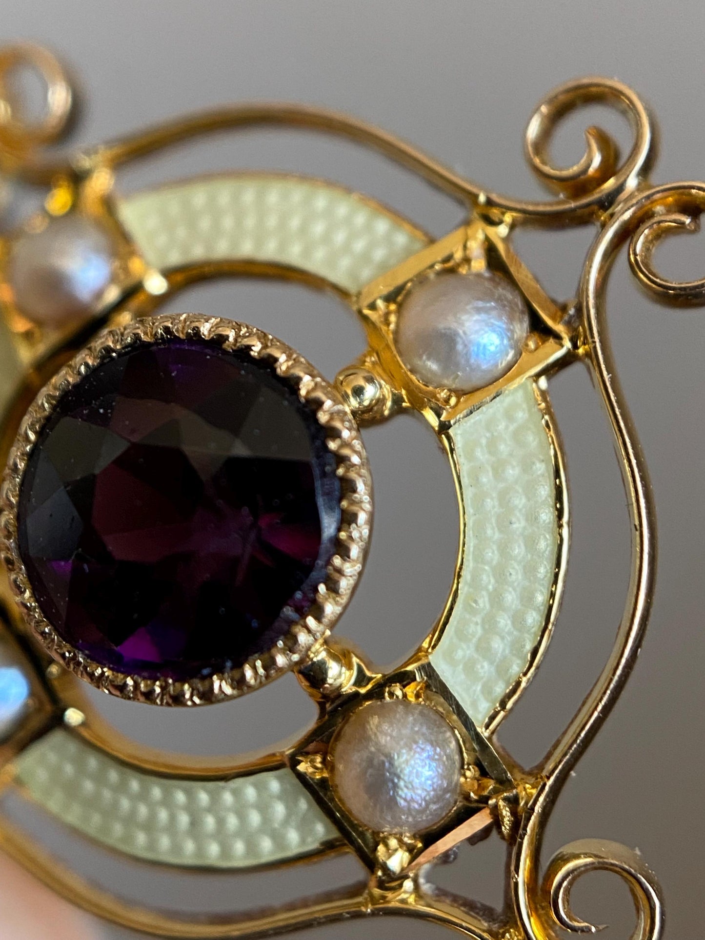 Antique Edwardian Round Amethyst Paste Target Lavalier Pendant with Pearls & Buttercream Yellow Enamel in 10k Gold, Dangle, Necklace, Victorian, Drop