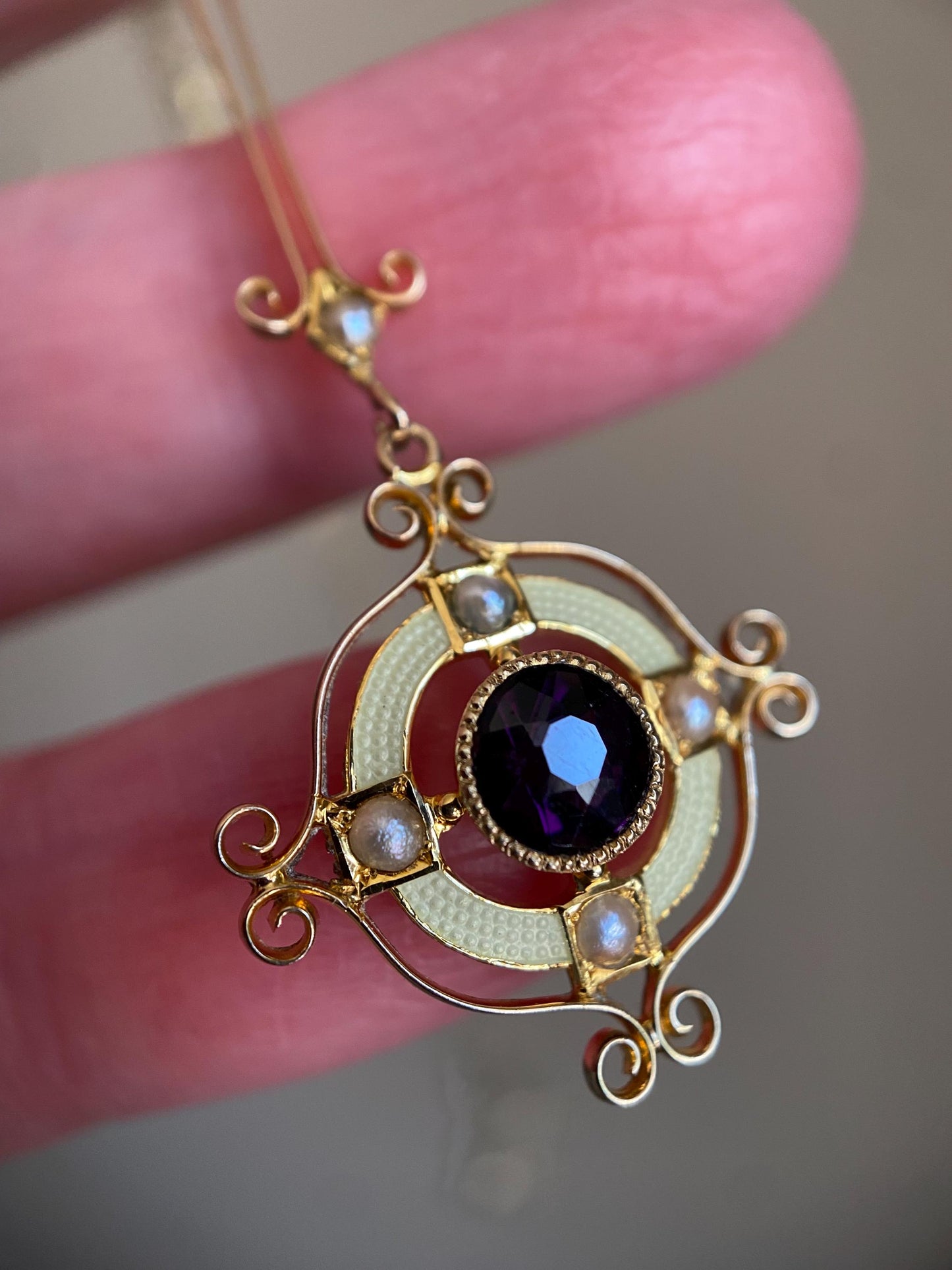 Antique Edwardian Round Amethyst Paste Target Lavalier Pendant with Pearls & Buttercream Yellow Enamel in 10k Gold, Dangle, Necklace, Victorian, Drop