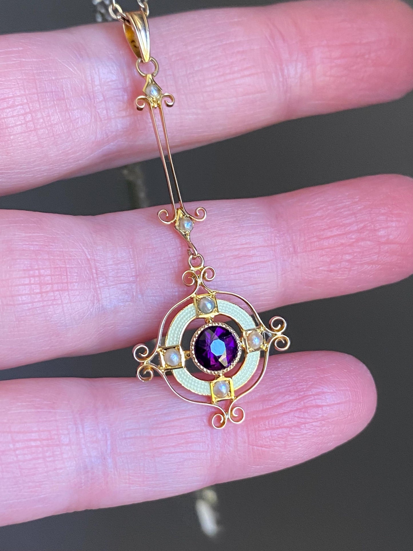 Antique Edwardian Round Amethyst Paste Target Lavalier Pendant with Pearls & Buttercream Yellow Enamel in 10k Gold, Dangle, Necklace, Victorian, Drop