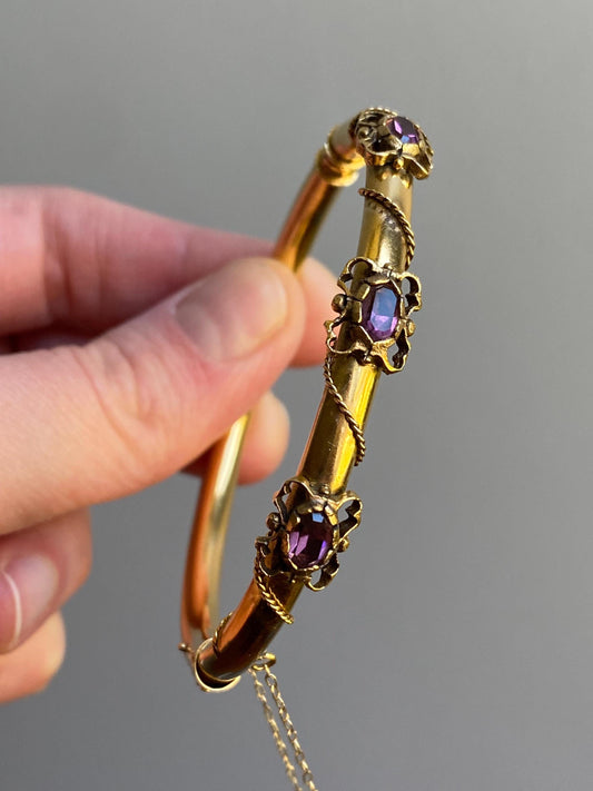 Vintage Amethyst Hinged Hollow Tube Bangle w/ Twisted Rope Accents in 14k Gold, Bracelet, Gem, Victorian, Bypass, 1900s, Etruscan, Edwardian