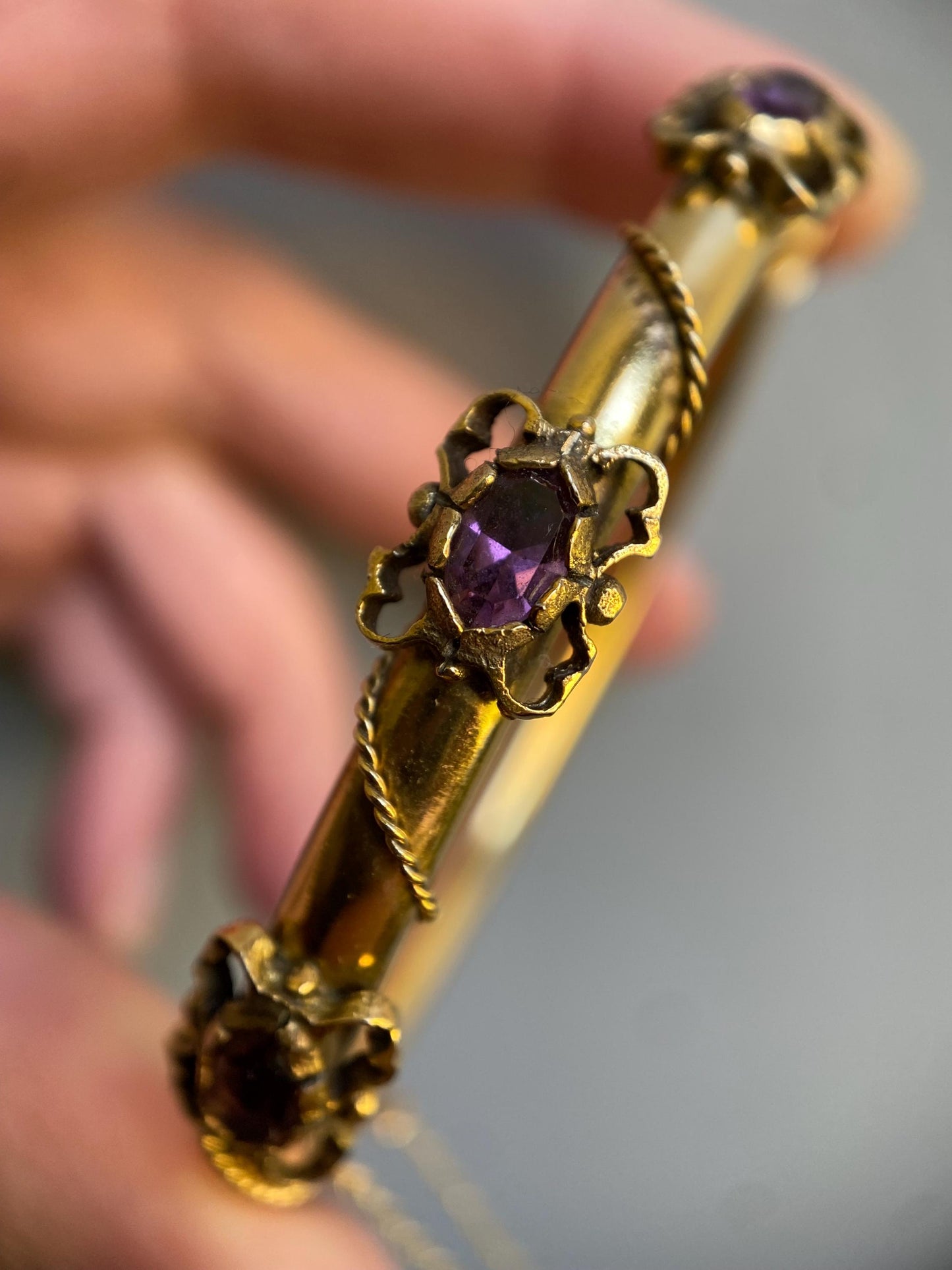 Vintage Amethyst Hinged Hollow Tube Bangle w/ Twisted Rope Accents in 14k Gold, Bracelet, Gem, Victorian, Bypass, 1900s, Etruscan, Edwardian