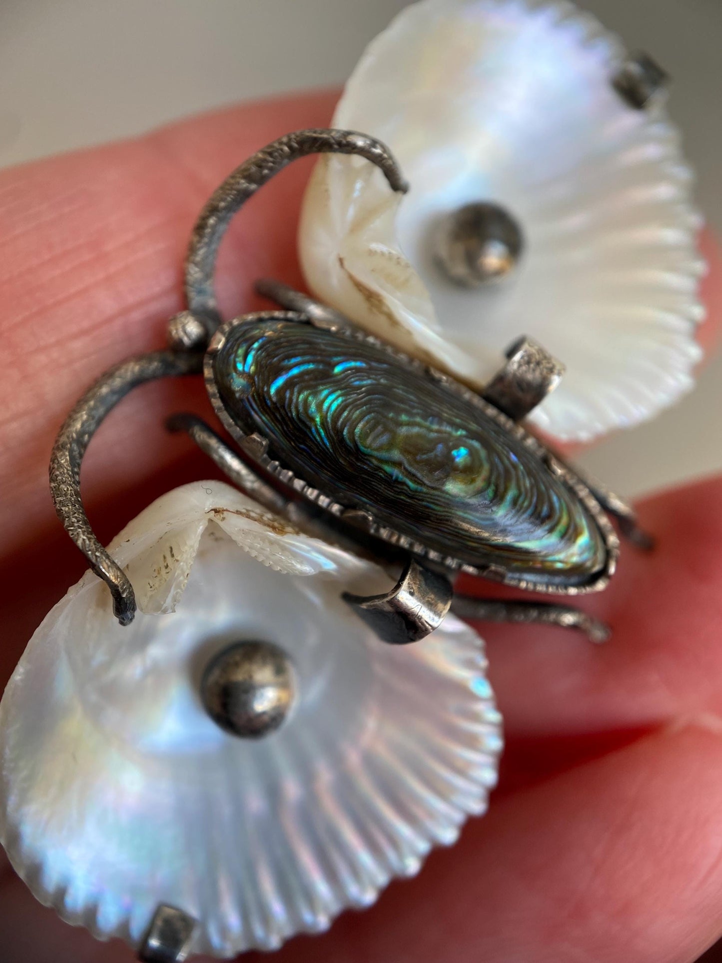 Antique Arts & Crafts Naturalistic Shell and Abalone Butterfly Pin in Silver, Rustic, Folk, Edwardian, Victorian, Art Deco, Pin, Insect, Bug