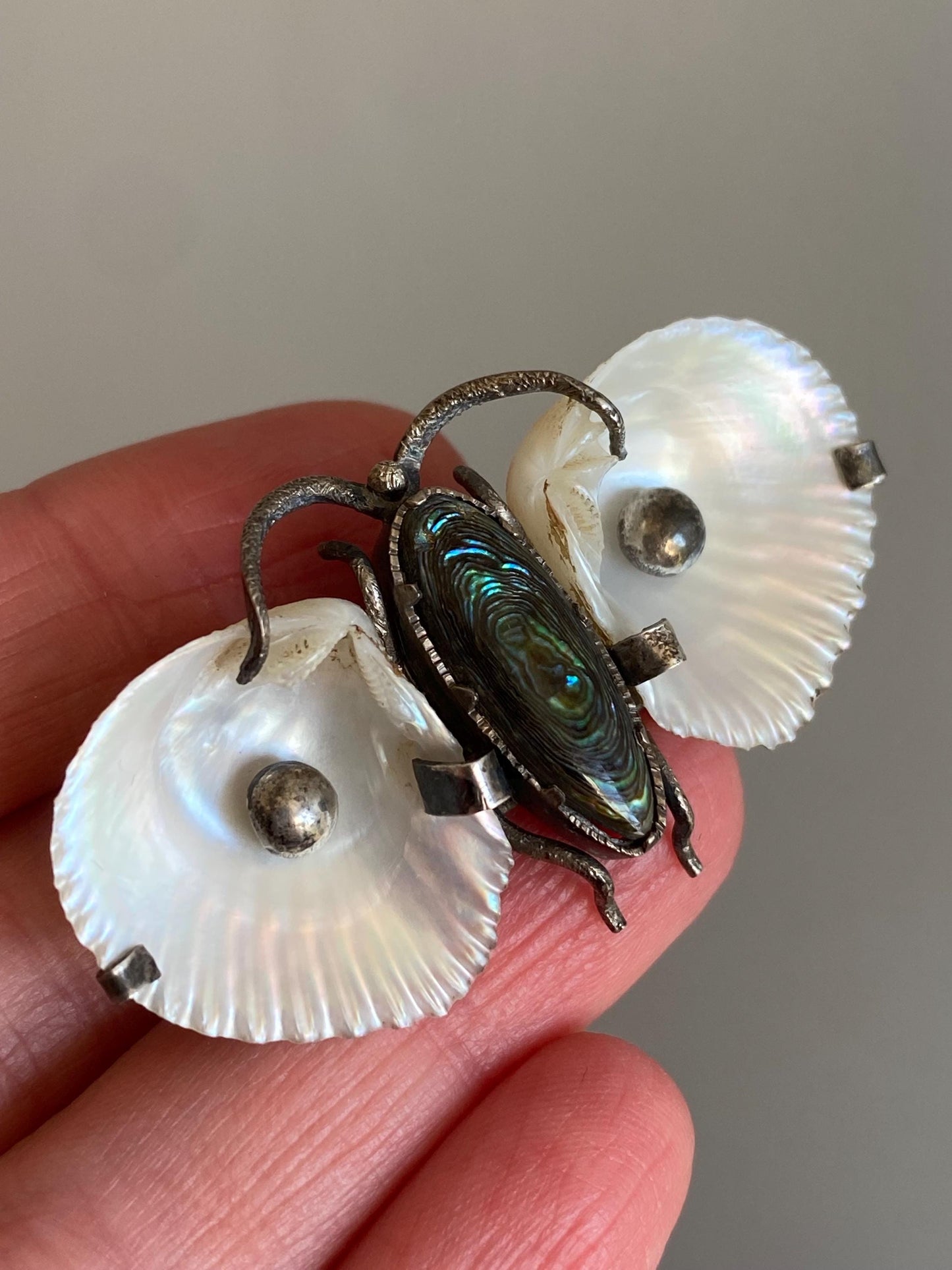 Antique Arts & Crafts Naturalistic Shell and Abalone Butterfly Pin in Silver, Rustic, Folk, Edwardian, Victorian, Art Deco, Pin, Insect, Bug